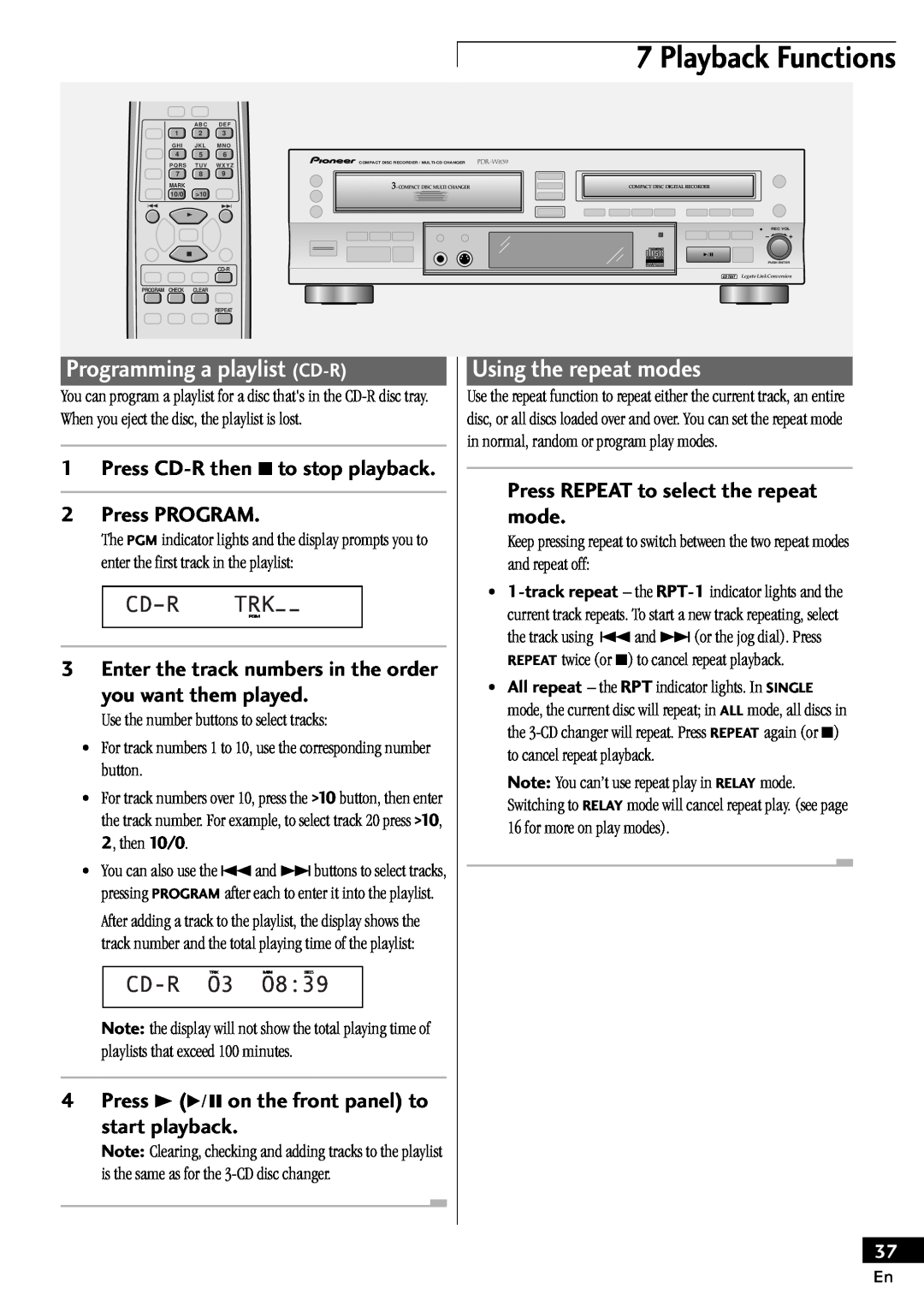 Pioneer PDR-W839 manual Playback Functions, Programming a playlist CD-R, Using the repeat modes, Cdðr Trkpgm Ðð, CD-RO3, O8 