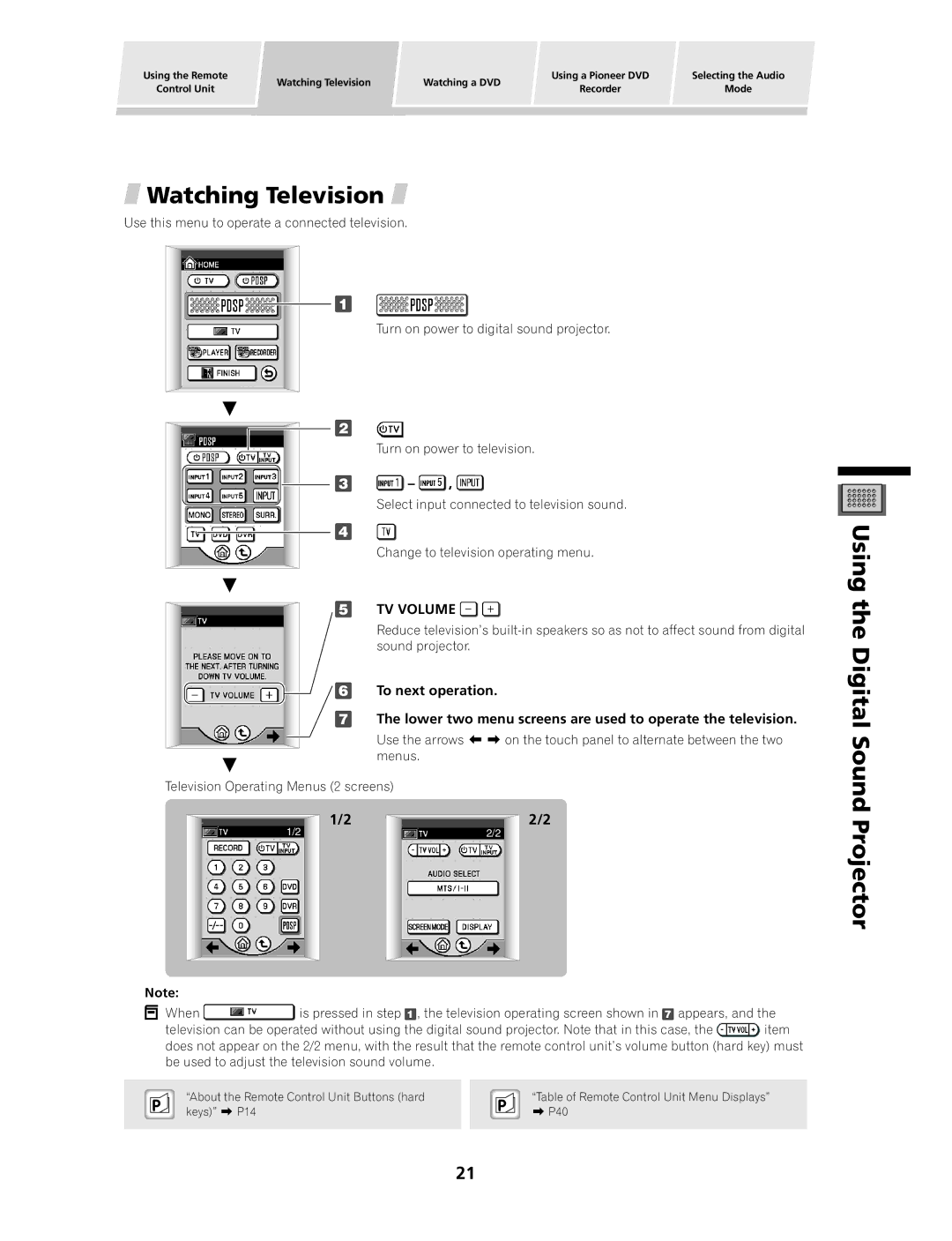 Pioneer PDSP-1 manual Watching Television, Using 