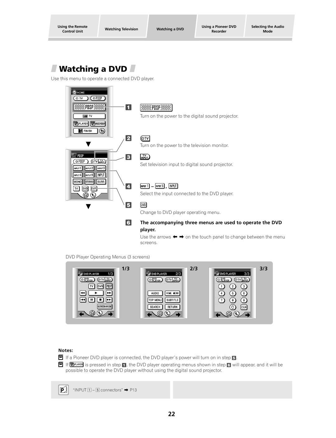 Pioneer PDSP-1 manual Watching a DVD, Accompanying three menus are used to operate the DVD player 