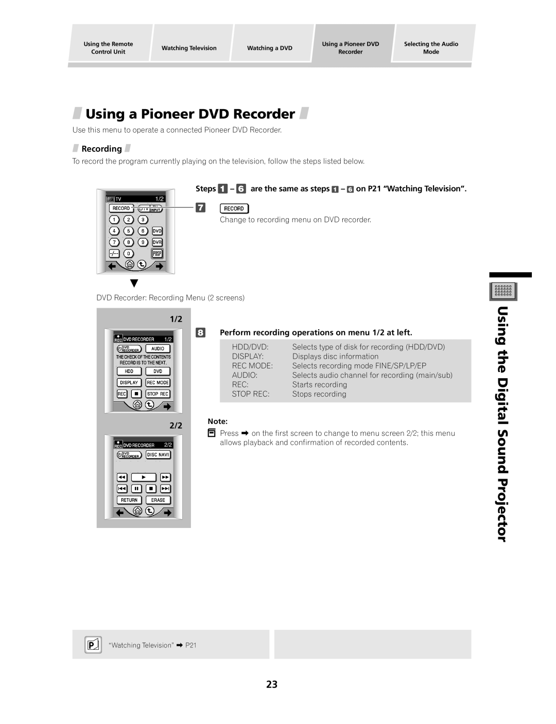 Pioneer PDSP-1 manual Using a Pioneer DVD Recorder, Recording, Perform recording operations on menu 1/2 at left 