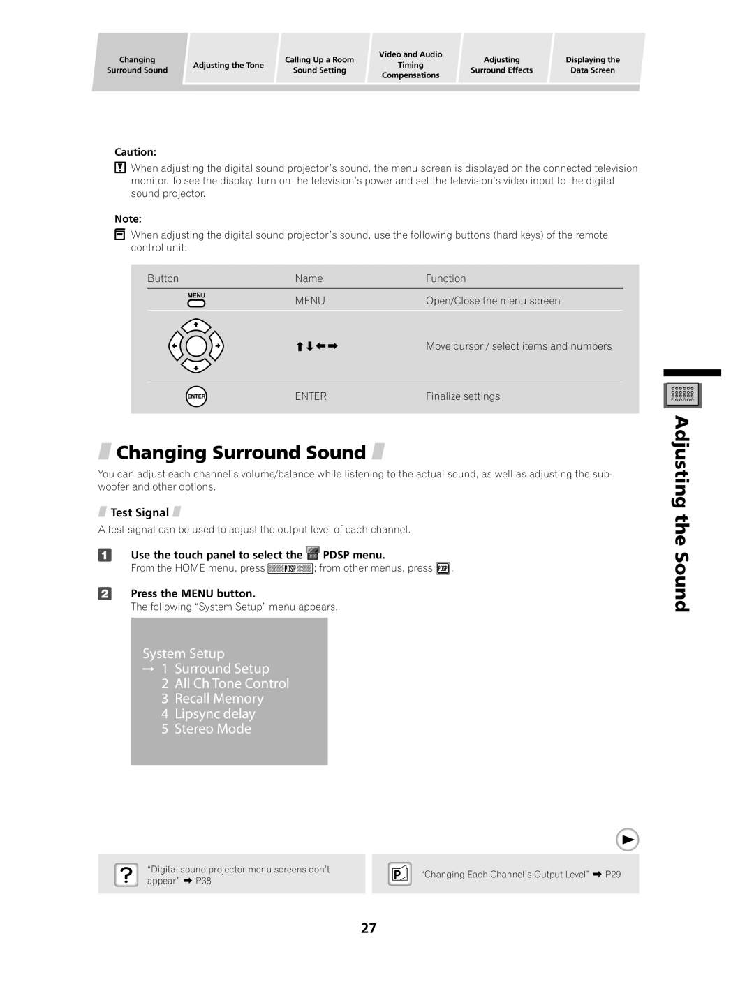 Pioneer PDSP-1 Changing Surround Sound, Adjusting the Sound, Test Signal, Use the touch panel to select the Pdsp menu 