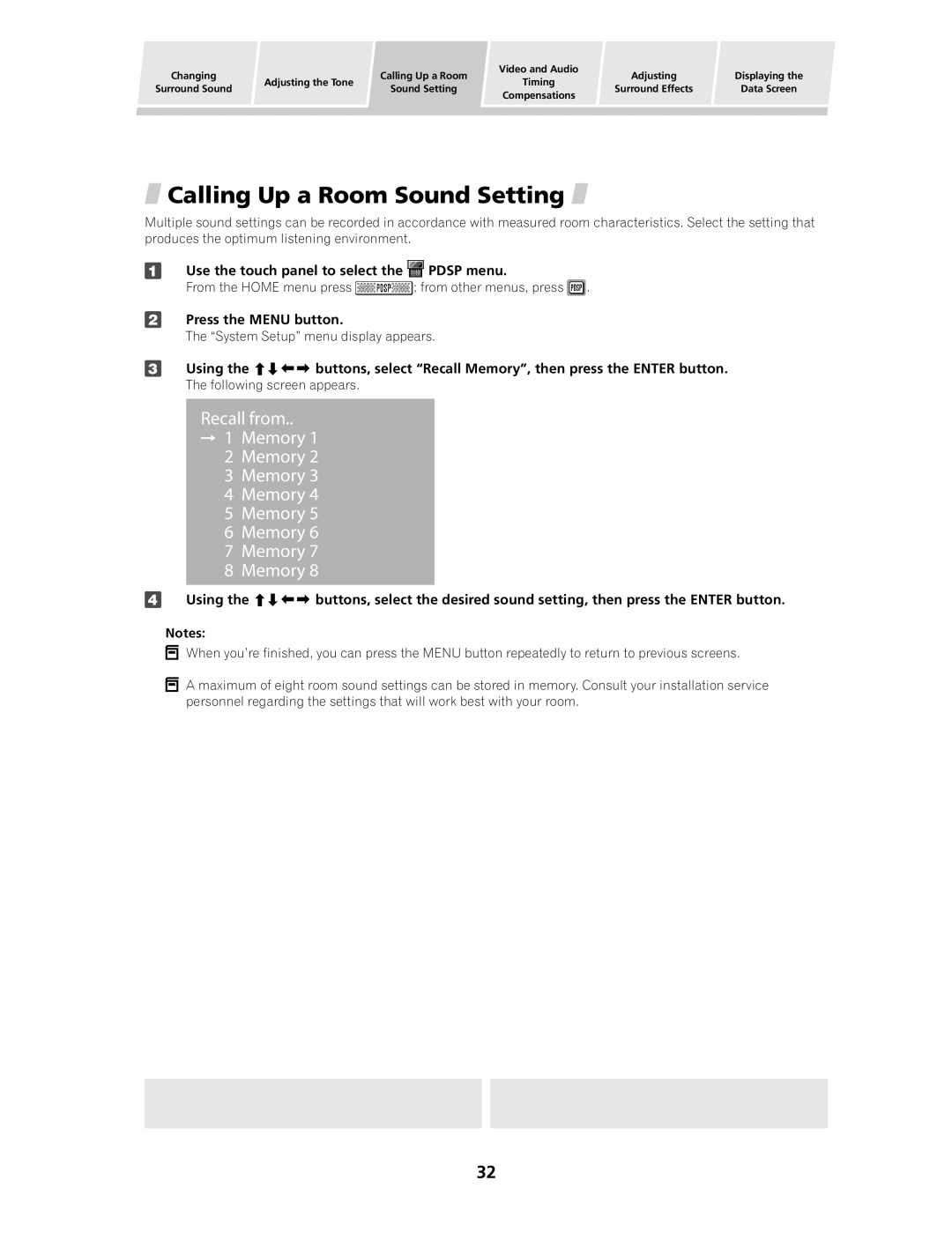 Pioneer PDSP-1 manual Calling Up a Room Sound Setting, Recall from Memory 