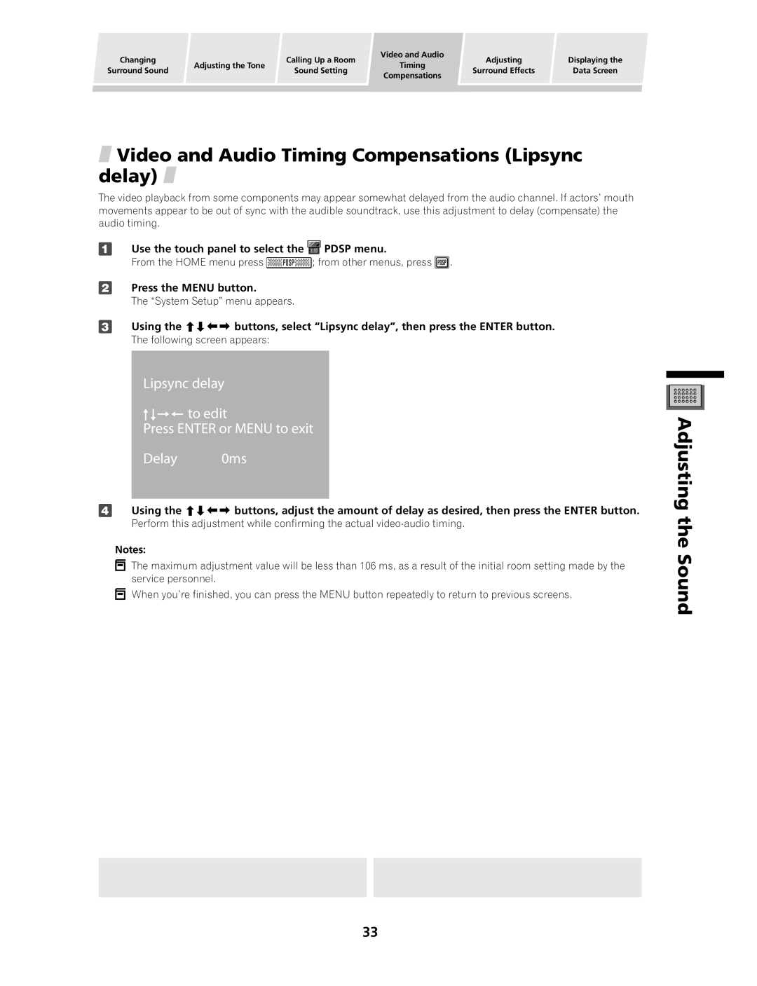 Pioneer PDSP-1 manual Video and Audio Timing Compensations Lipsync delay 