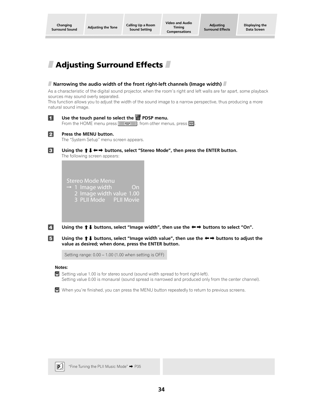 Pioneer PDSP-1 manual Adjusting Surround Effects, Stereo Mode Menu Image width Image width value Plii Mode 