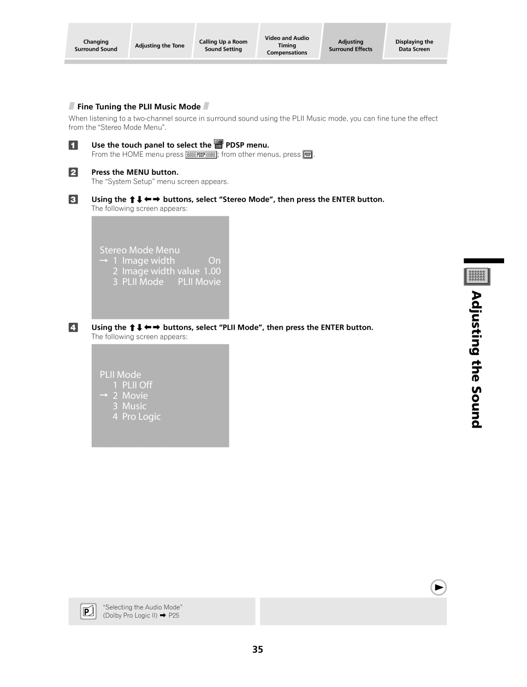 Pioneer PDSP-1 manual Plii Mode Plii Off Movie Music Pro Logic, Fine Tuning the Plii Music Mode 