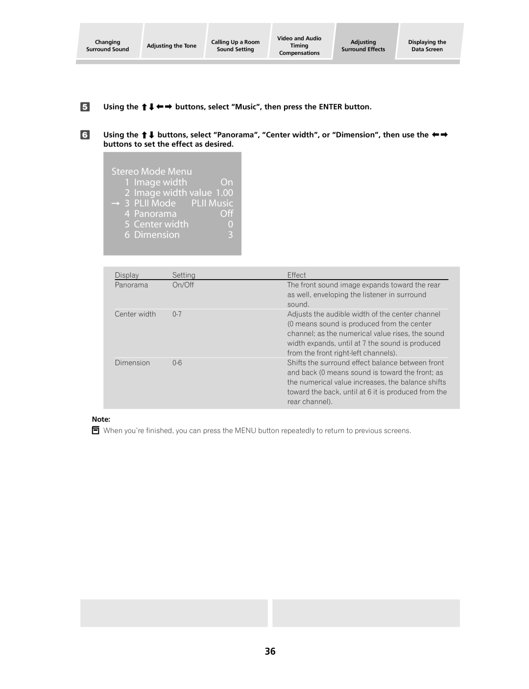 Pioneer PDSP-1 manual Stereo Mode Menu Image width, Panorama Off Center width Dimension 