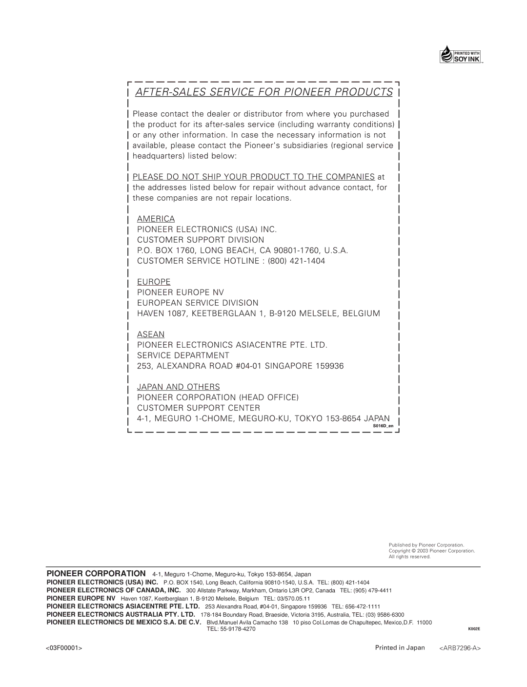 Pioneer PDSP-1 manual 03F00001 