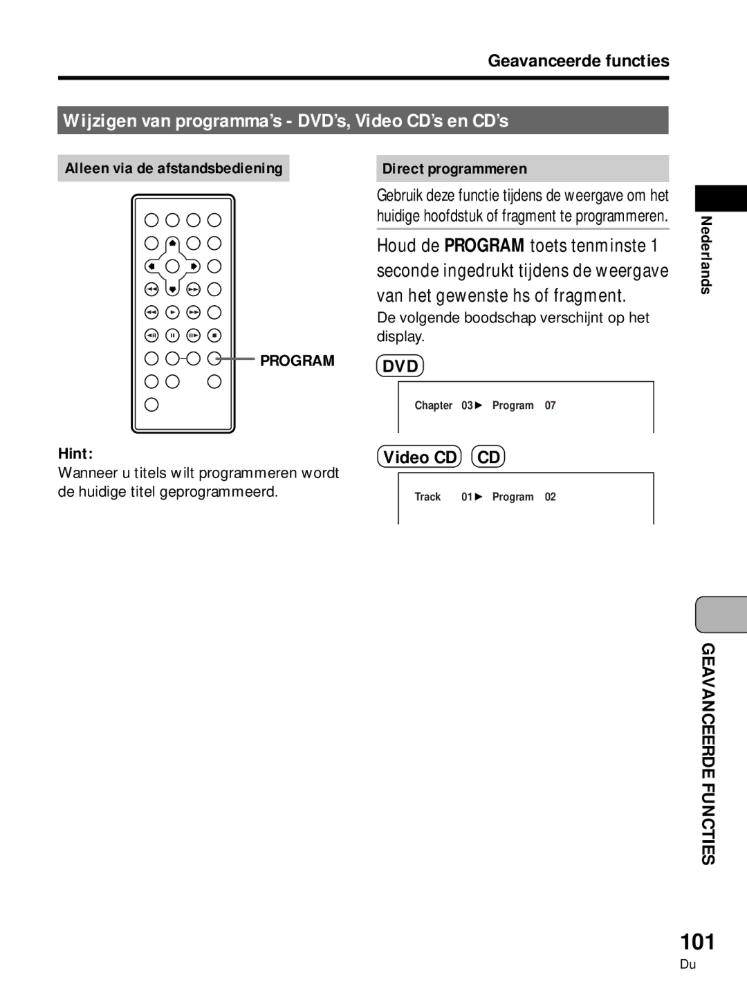 Pioneer PDV-LC10, PDV-10 manual 101, Direct programmeren 