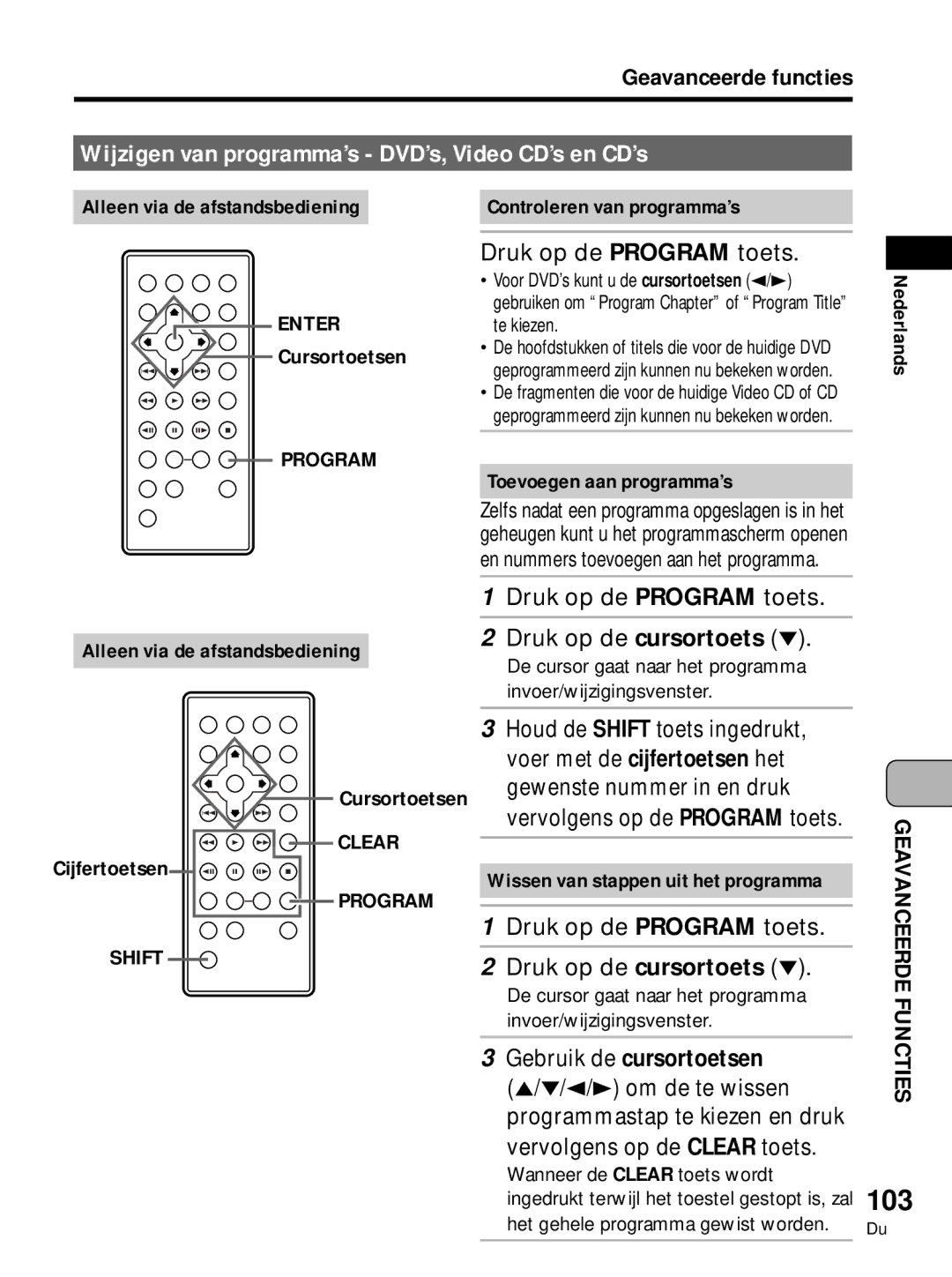 Pioneer PDV-LC10, PDV-10 manual 103, Druk op de Program toets Druk op de cursortoets, Vervolgens op de Clear toets 