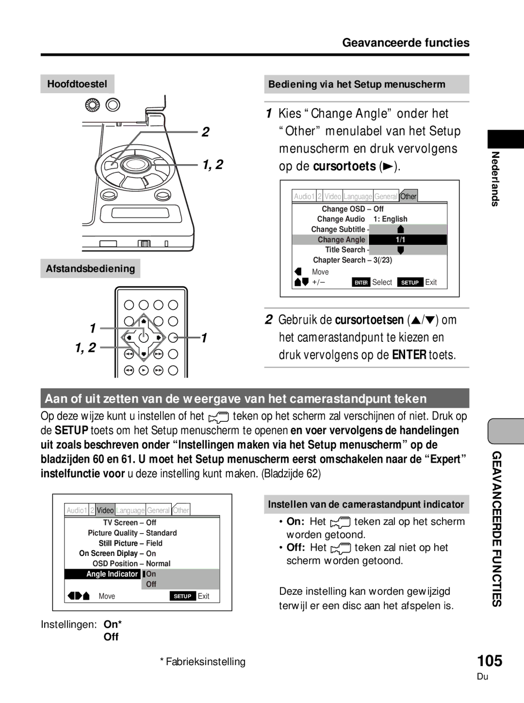 Pioneer PDV-LC10, PDV-10 105, Kies Change Angle onder het, Other menulabel van het Setup, Menuscherm en druk vervolgens 