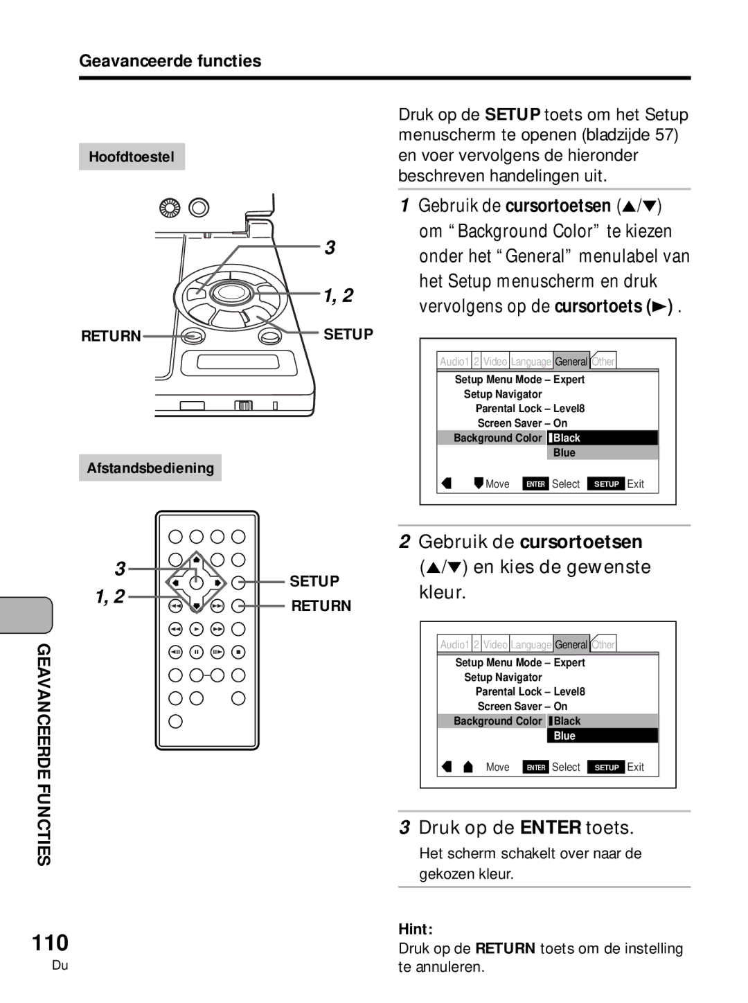 Pioneer PDV-10, PDV-LC10 manual 110, En kies de gewenste, Kleur, Druk op de Enter toets 