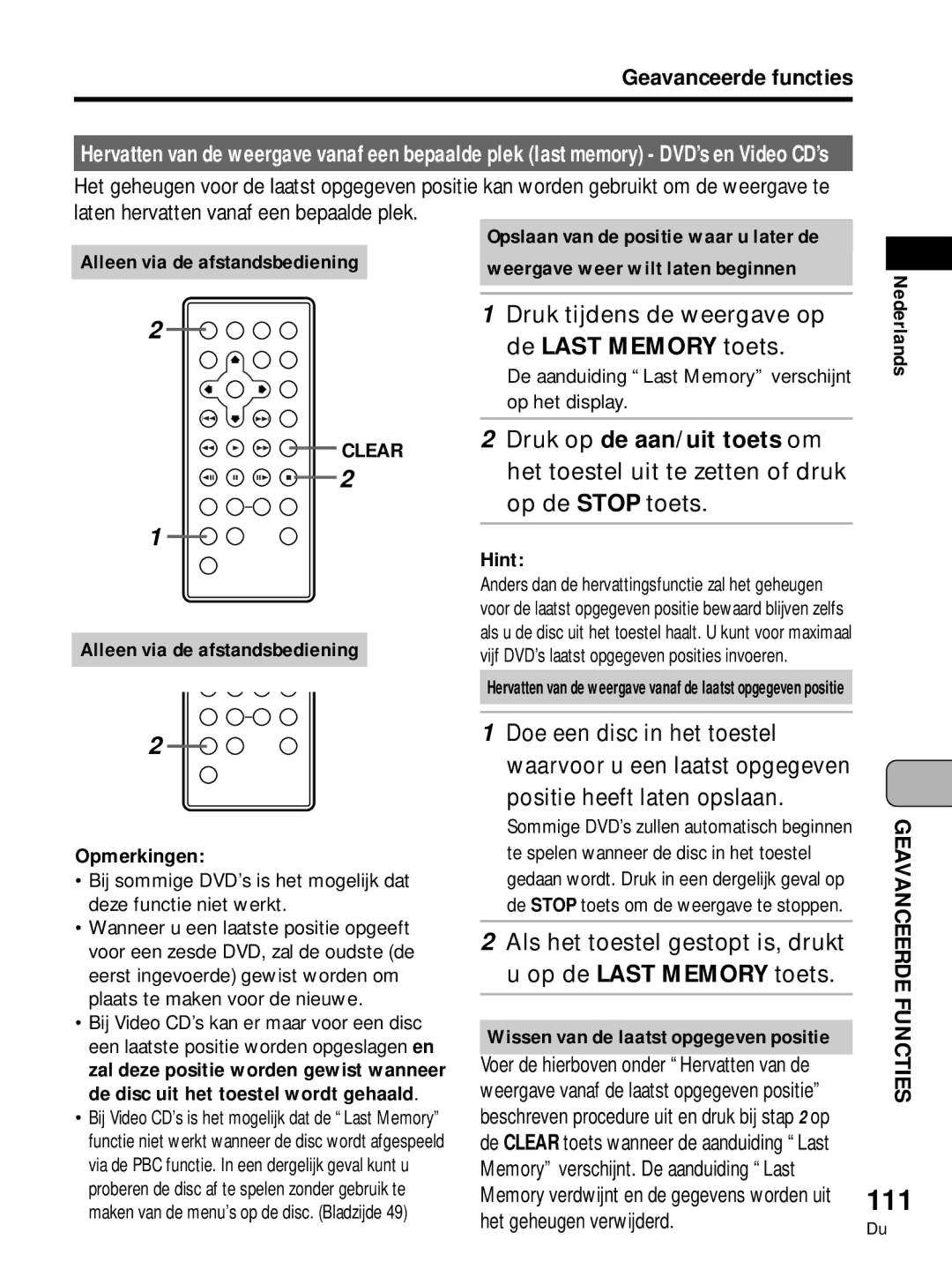 Pioneer PDV-LC10, PDV-10 manual 111, De Last Memory toets, Druk op de aan/uit toets om 