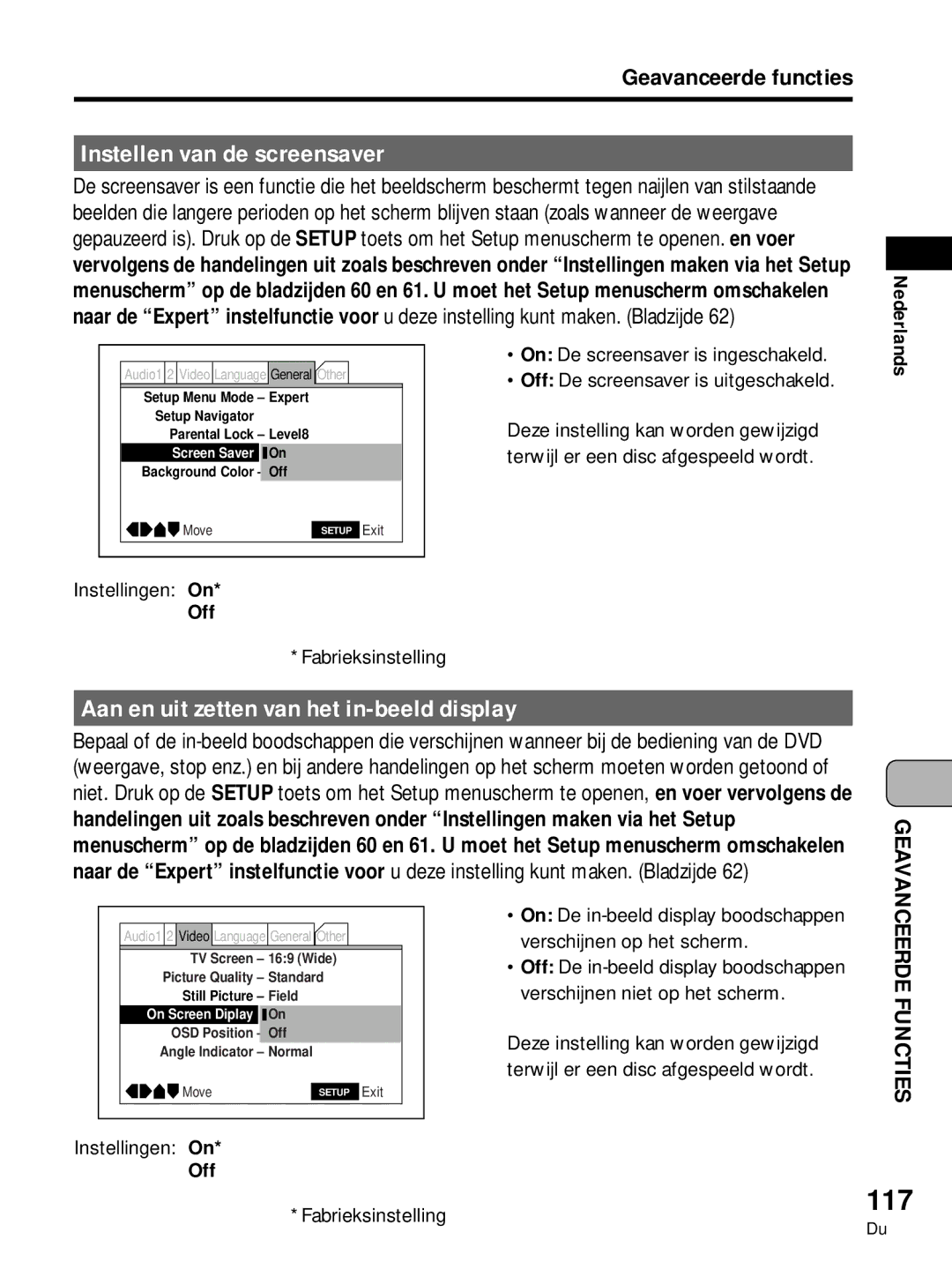 Pioneer PDV-LC10, PDV-10 117, Instellen van de screensaver, Aan en uit zetten van het in-beeld display, Instellingen On 