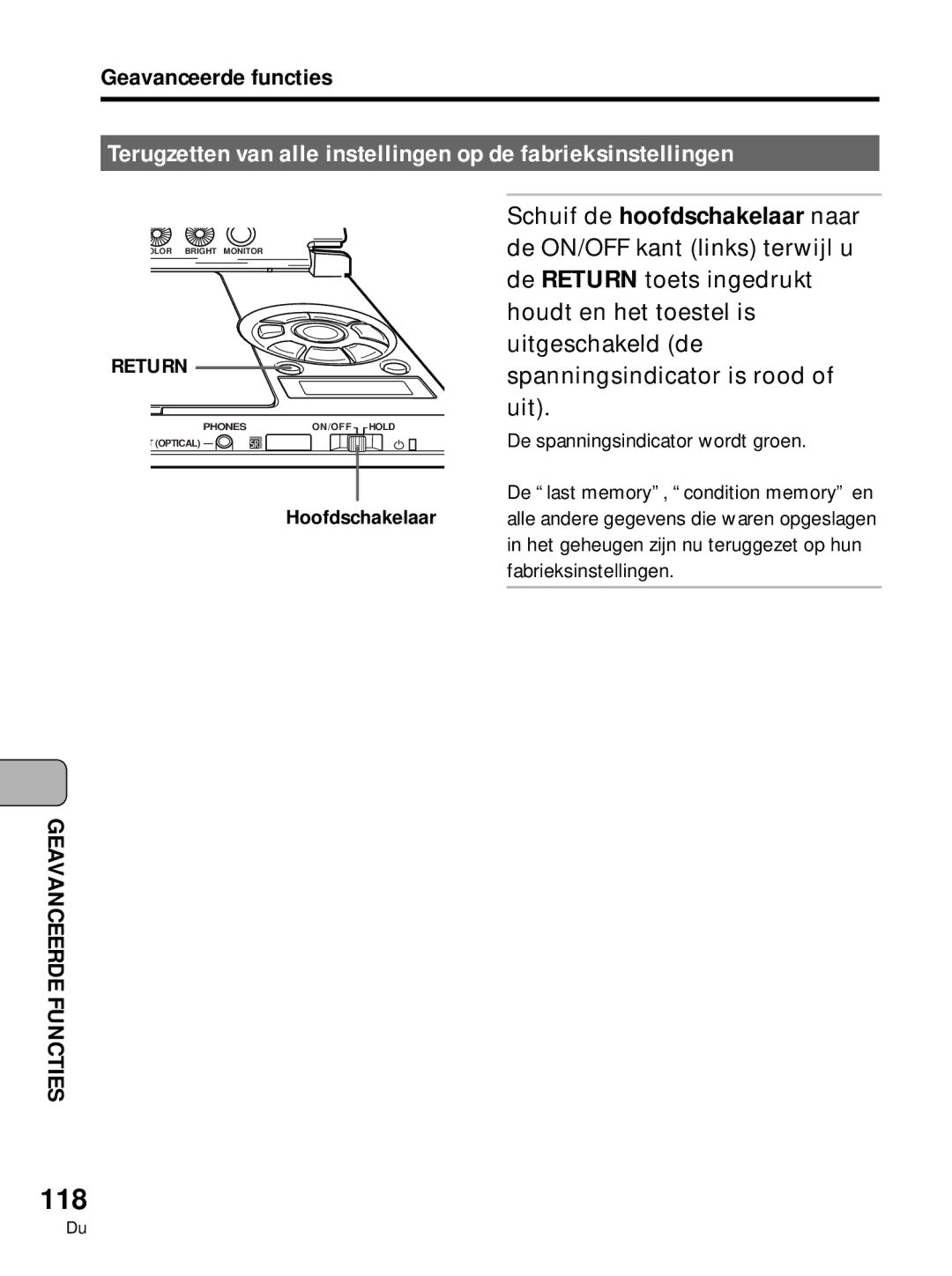 Pioneer PDV-10, PDV-LC10 manual 118, Hoofdschakelaar 