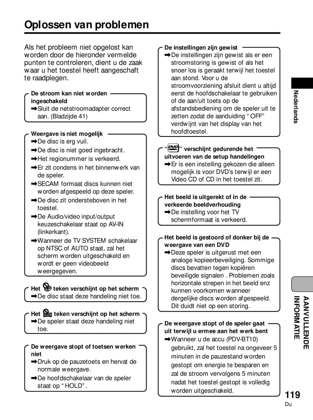 Pioneer PDV-LC10, PDV-10 manual Oplossen van problemen, 119 