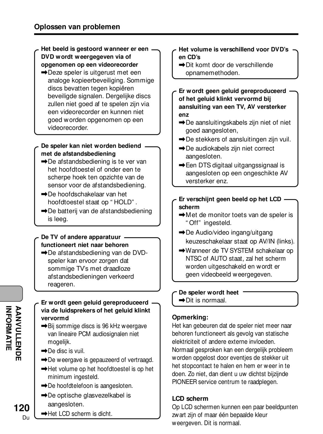 Pioneer PDV-10, PDV-LC10 manual 120, Oplossen van problemen, LCD scherm 