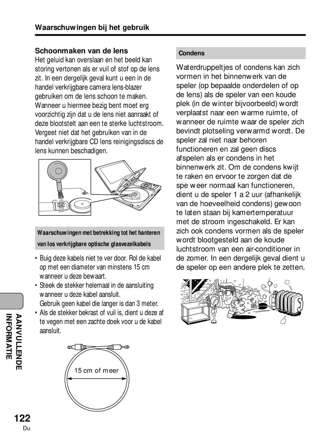 Pioneer PDV-10, PDV-LC10 manual 122, Waarschuwingen bij het gebruik Schoonmaken van de lens, Condens, Cm of meer 