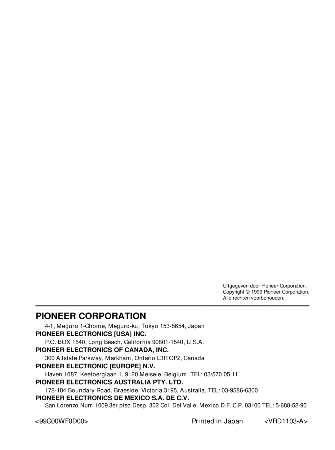 Pioneer PDV-10, PDV-LC10 manual Pioneer Corporation, 99G00WF0D00 