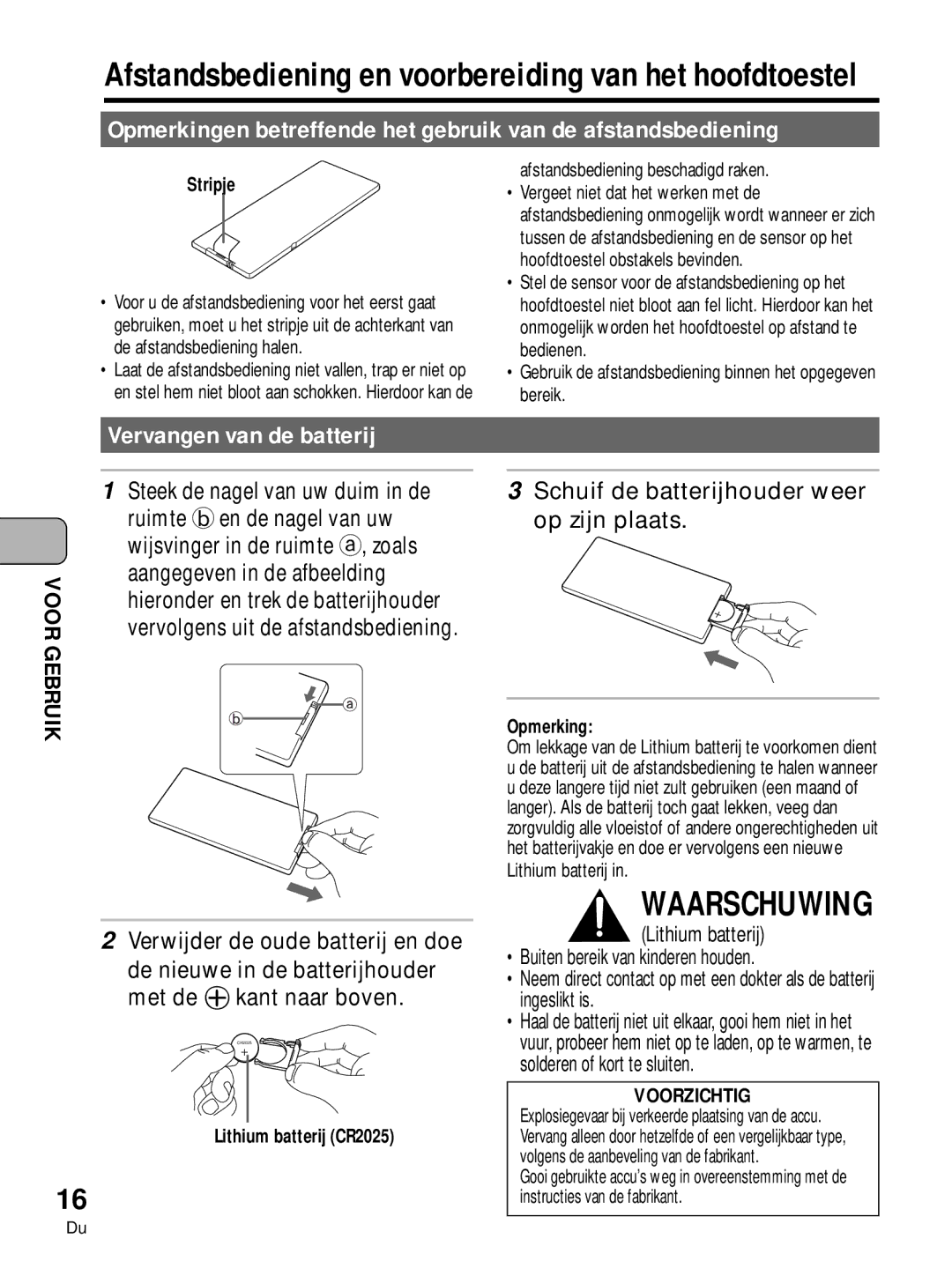 Pioneer PDV-10, PDV-LC10 manual Vervangen van de batterij, Ruimte b en de nagel van uw, Wijsvinger in de ruimte a, zoals 