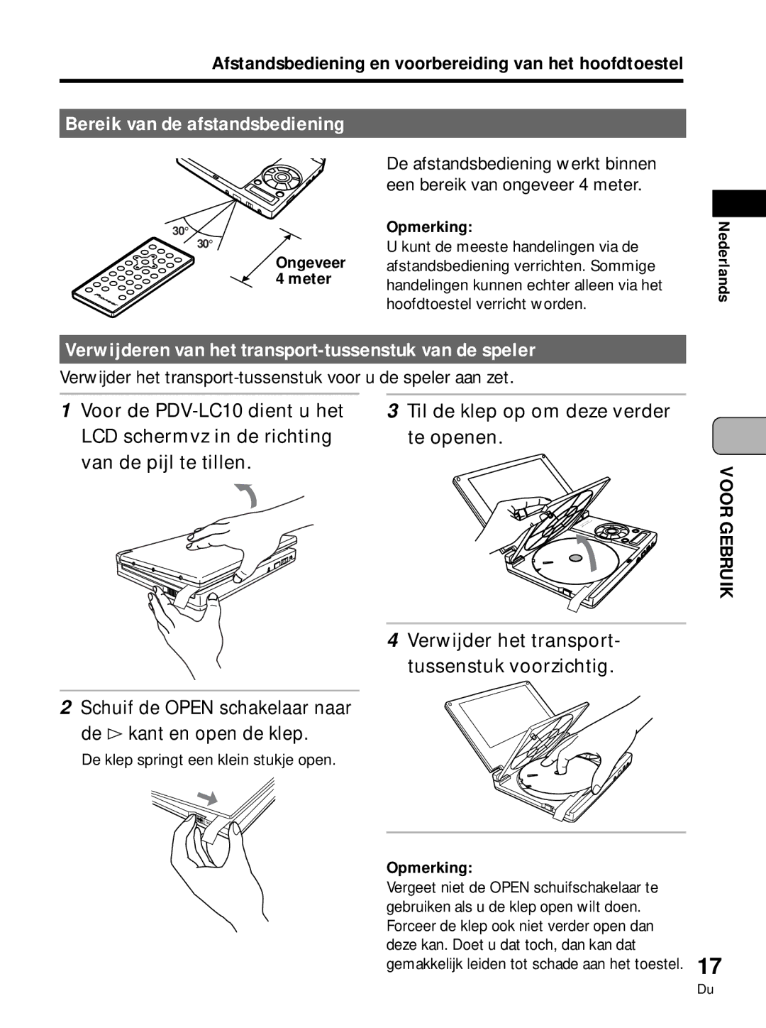 Pioneer PDV-LC10, PDV-10 manual Bereik van de afstandsbediening, Verwijderen van het transport-tussenstuk van de speler 