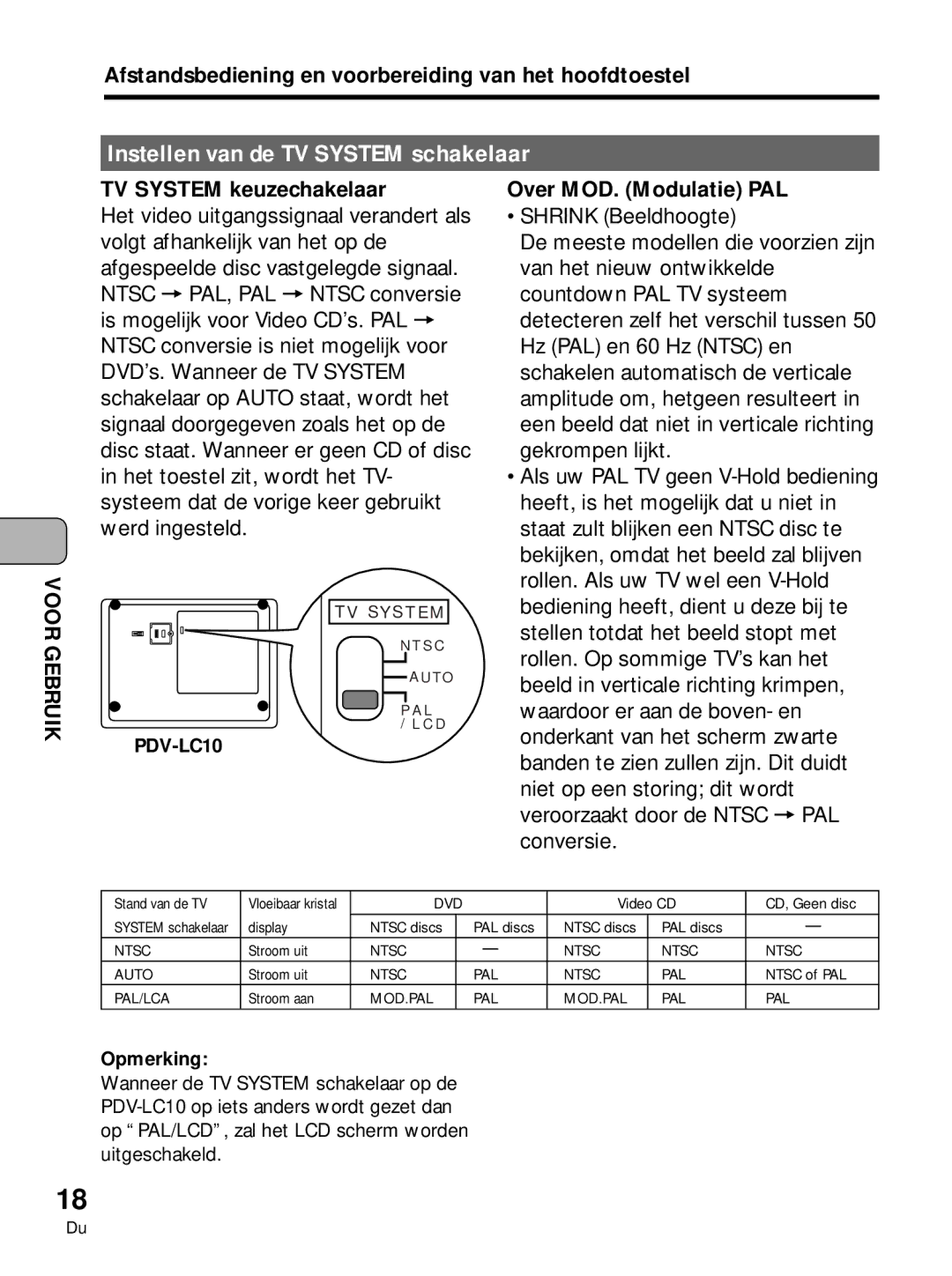 Pioneer PDV-10, PDV-LC10 manual Instellen van de TV System schakelaar, TV System keuzechakelaar, Over MOD. Modulatie PAL 