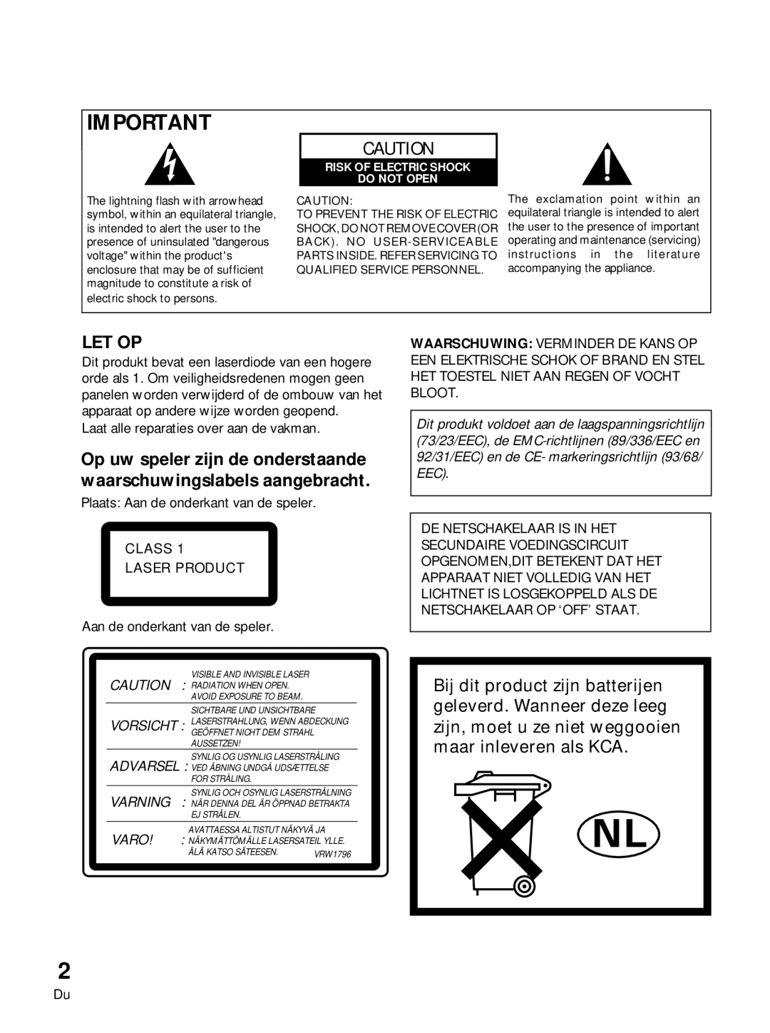 Pioneer PDV-10, PDV-LC10 manual Let Op 