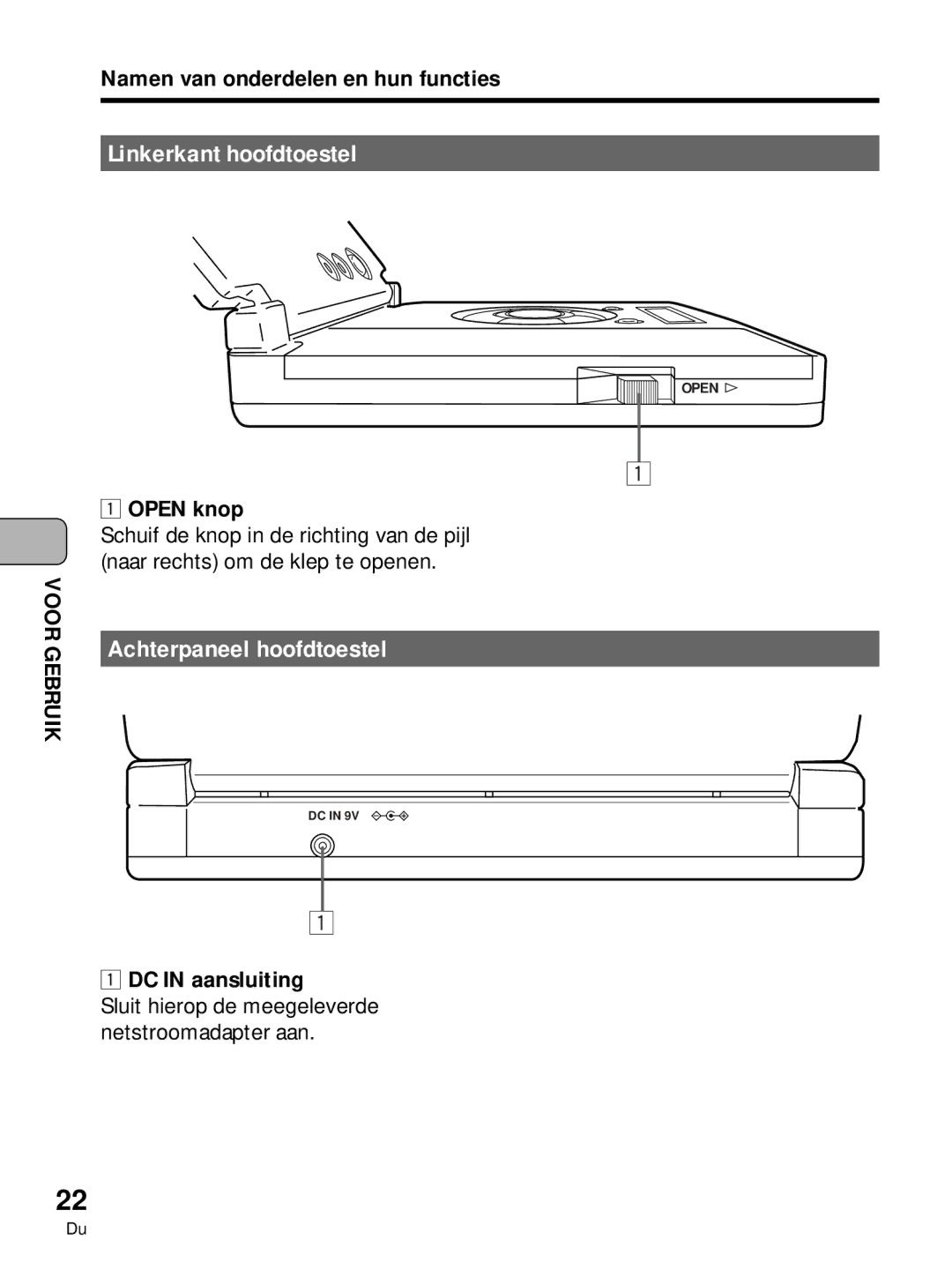 Pioneer PDV-10, PDV-LC10 manual Linkerkant hoofdtoestel, Achterpaneel hoofdtoestel, Open knop, DC in aansluiting 