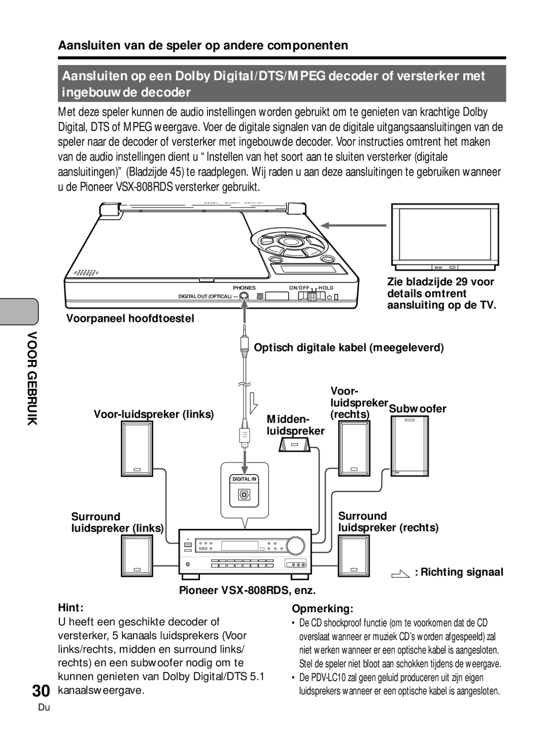 Pioneer PDV-10, PDV-LC10 manual Ingebouwde decoder, Aansluiten van de speler op andere componenten 