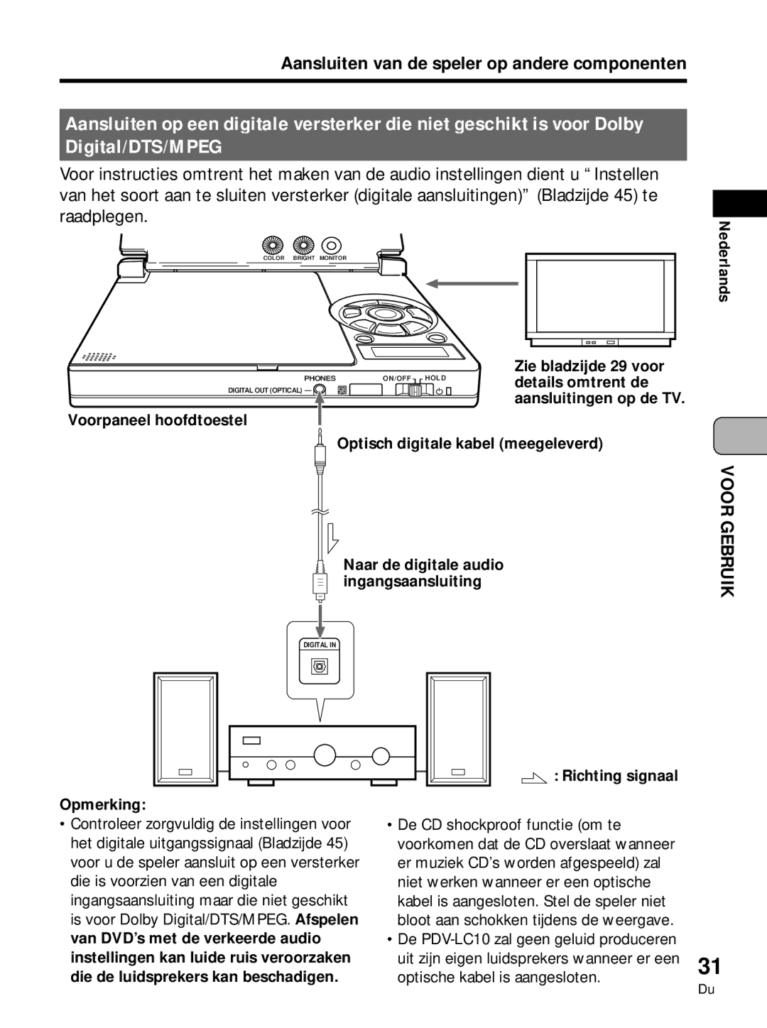 Pioneer PDV-LC10, PDV-10 manual Digital/DTS/MPEG, Zie bladzijde 29 voor, Details omtrent de, Richting signaal Opmerking 