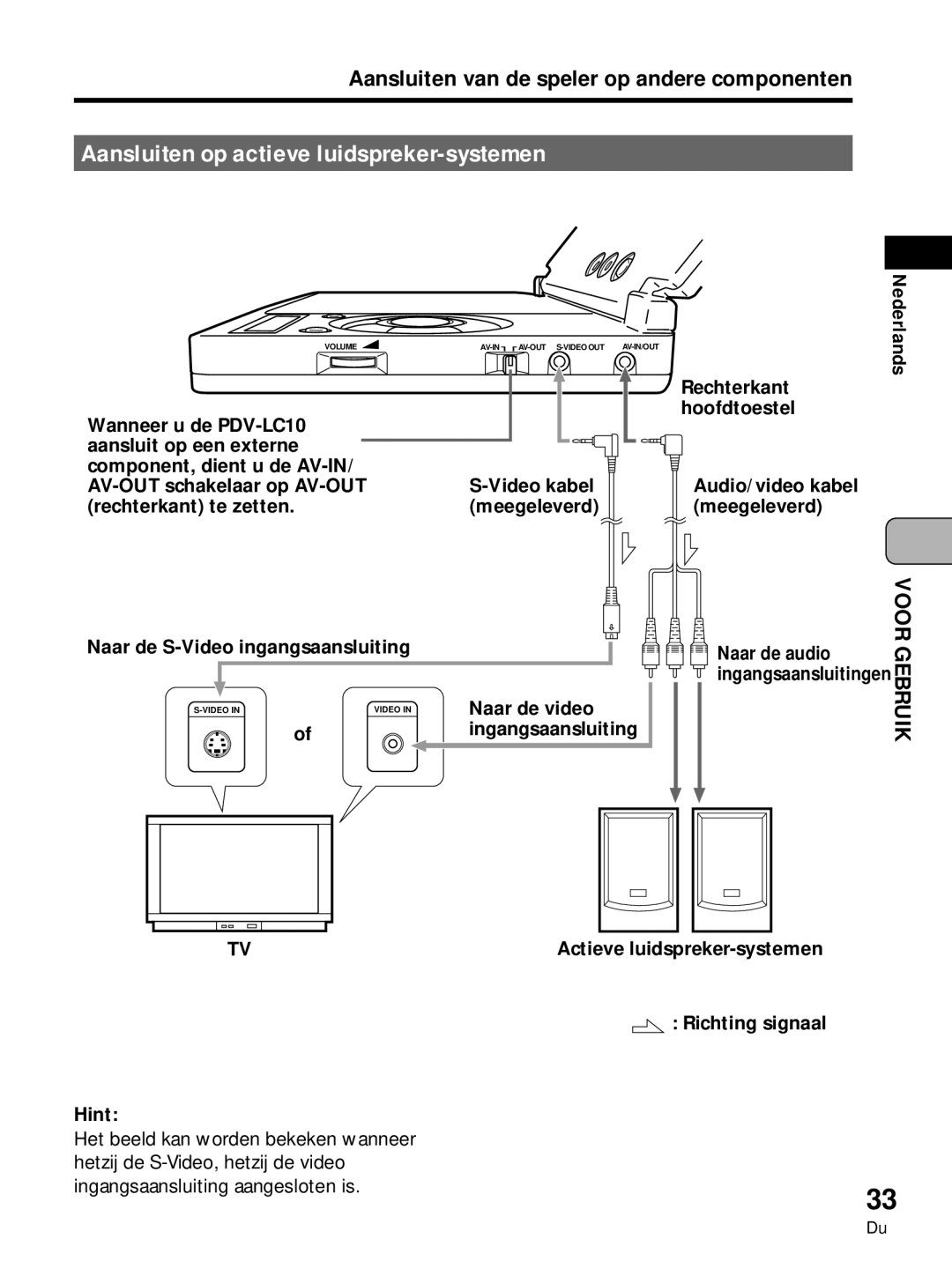 Pioneer PDV-LC10, PDV-10 manual Aansluiten op actieve luidspreker-systemen, Audio/video kabel Meegeleverd Naar de audio 