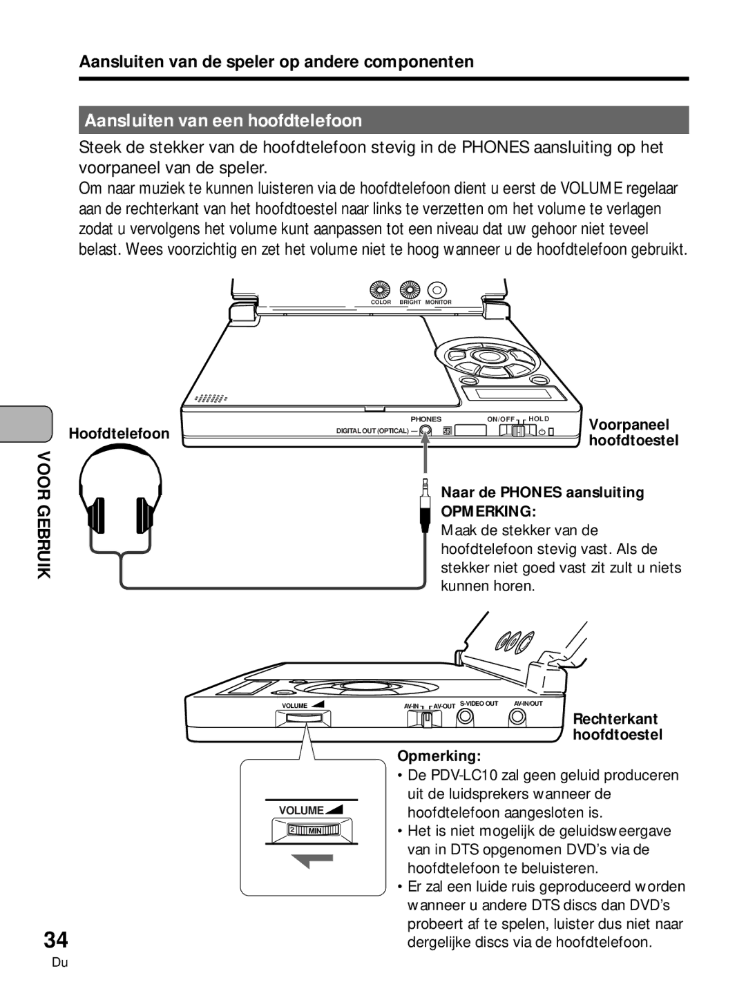 Pioneer PDV-10, PDV-LC10 manual Aansluiten van een hoofdtelefoon, Hoofdtelefoon, Voorpaneel, Naar de Phones aansluiting 