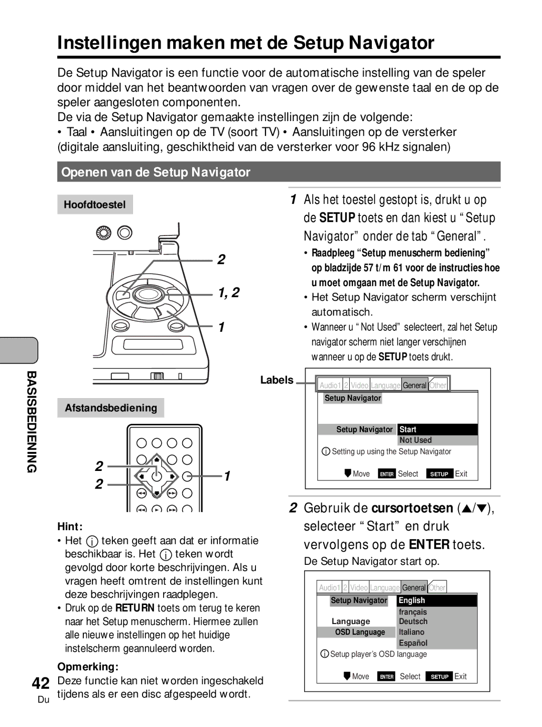 Pioneer PDV-10 Instellingen maken met de Setup Navigator, Gebruik de cursortoetsen, Selecteer Start en druk, Hoofdtoestel 