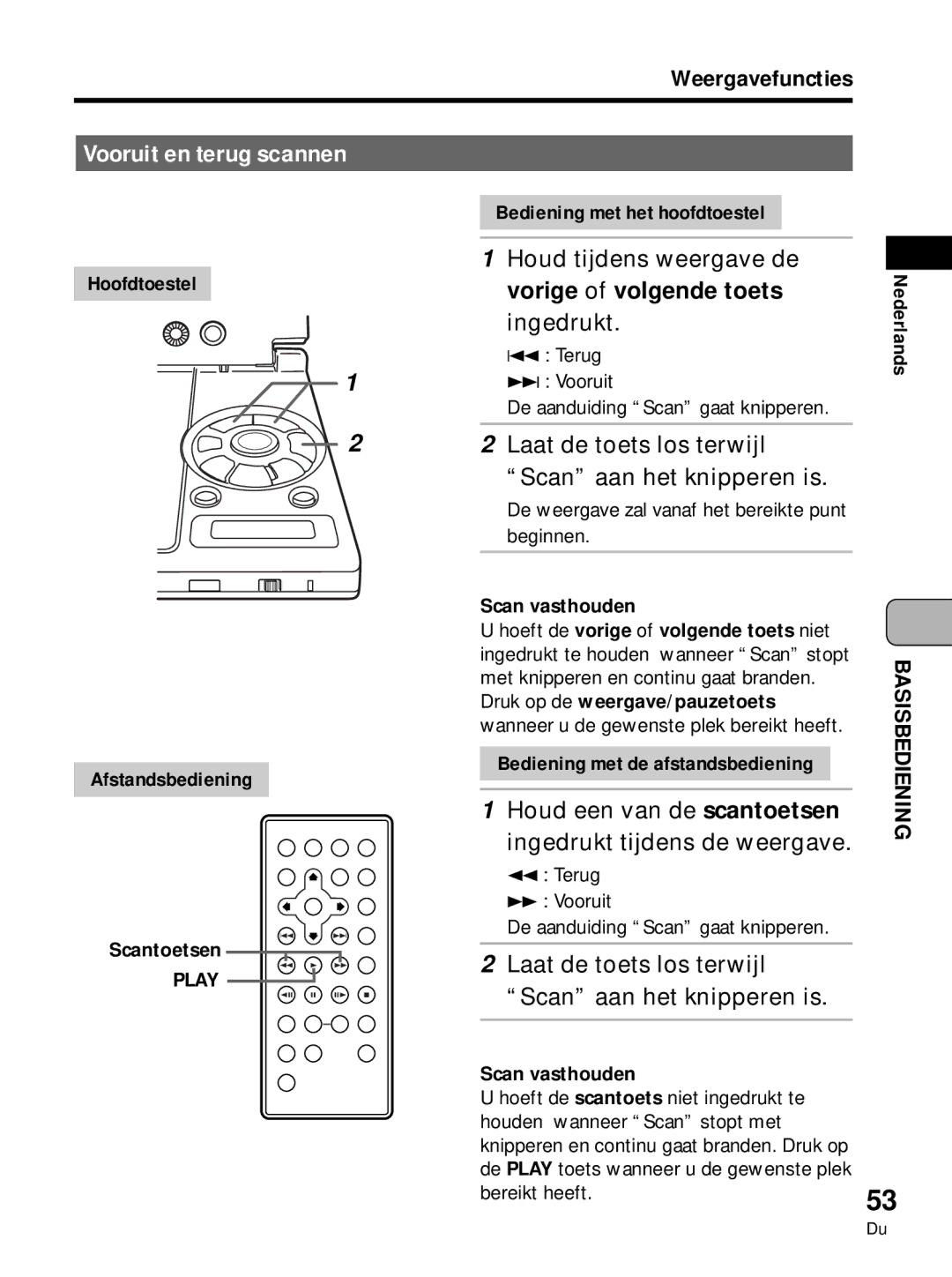 Pioneer PDV-LC10, PDV-10 manual Vooruit en terug scannen, Vorige of volgende toets 