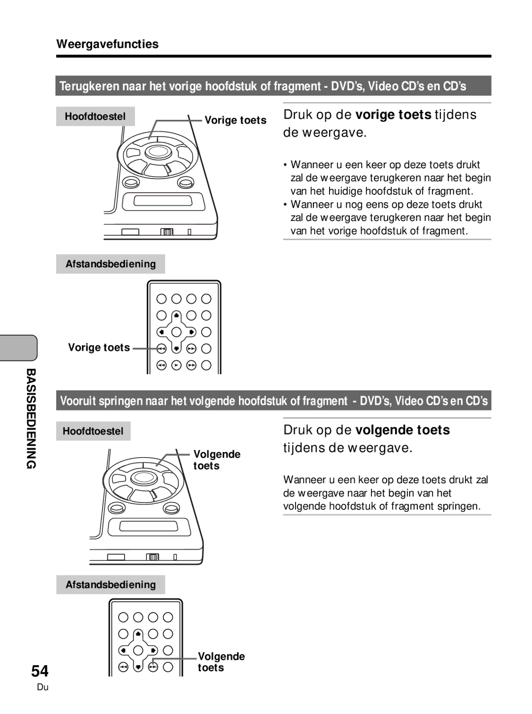 Pioneer PDV-10, PDV-LC10 manual Druk op de vorige toets tijdens, De weergave, Druk op de volgende toets, Tijdens de weergave 