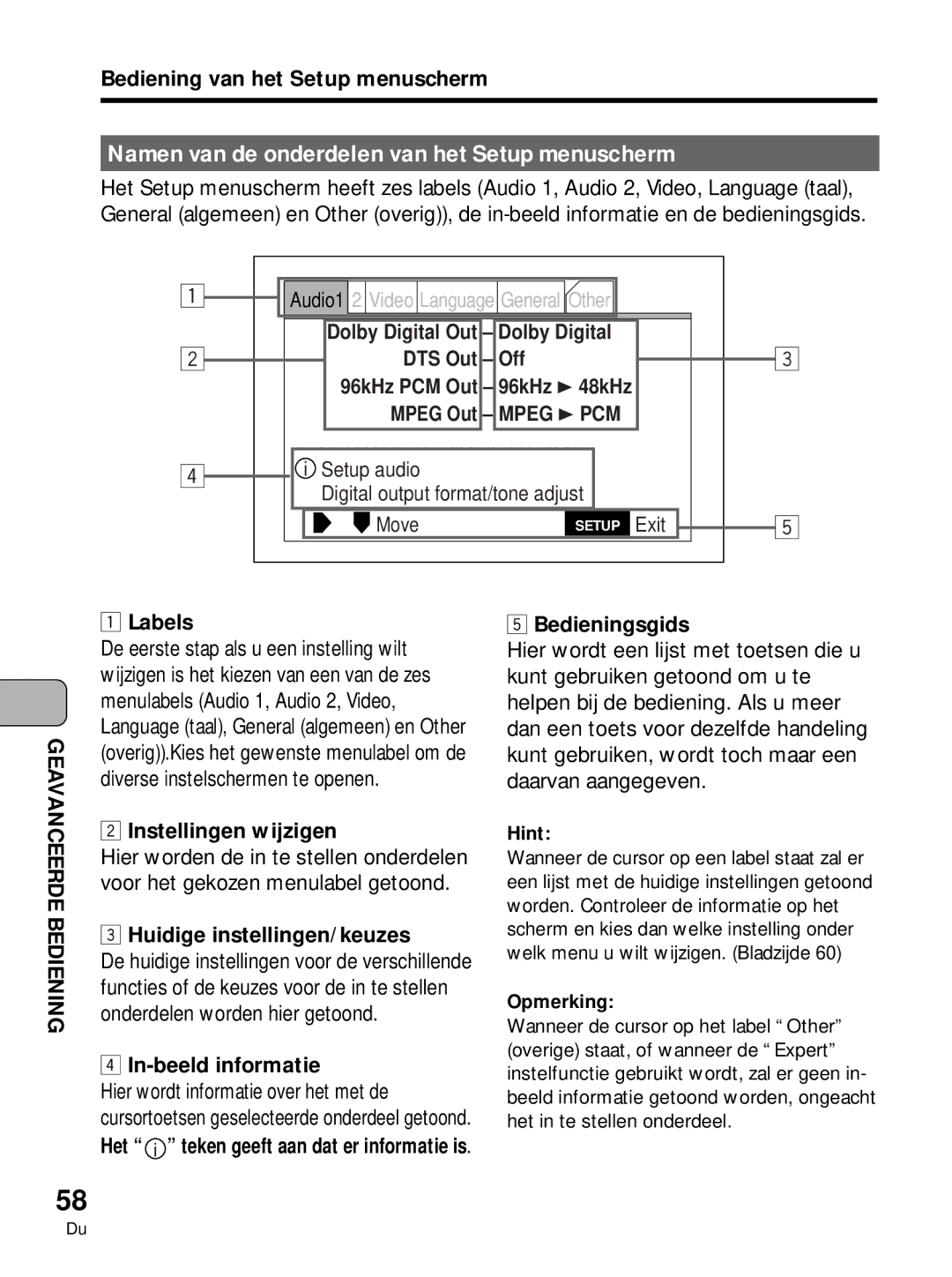 Pioneer PDV-10, PDV-LC10 manual Namen van de onderdelen van het Setup menuscherm 