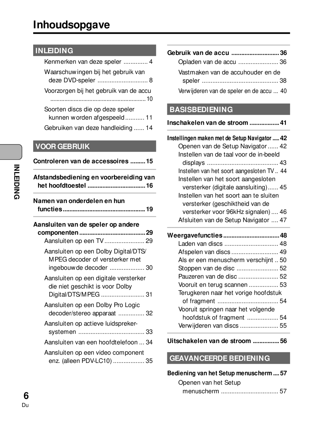 Pioneer PDV-10 manual Inhoudsopgave, Afstandsbediening en voorbereiding van, Het hoofdtoestel Namen van onderdelen en hun 