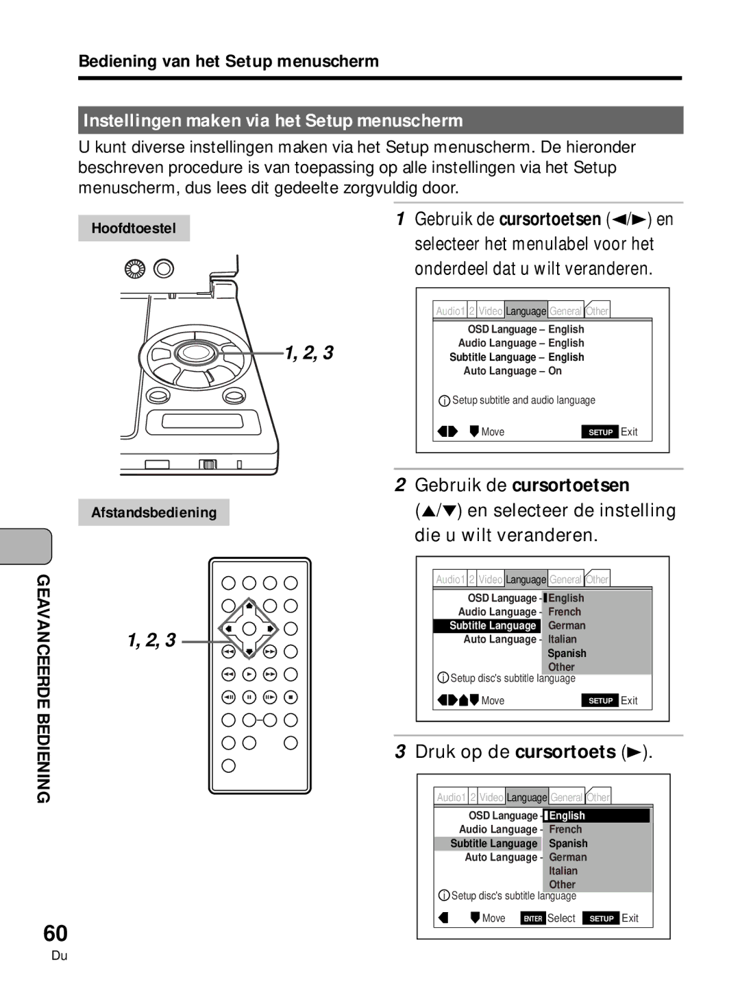 Pioneer PDV-10, PDV-LC10 manual Instellingen maken via het Setup menuscherm, Gebruik de cursortoetsen 