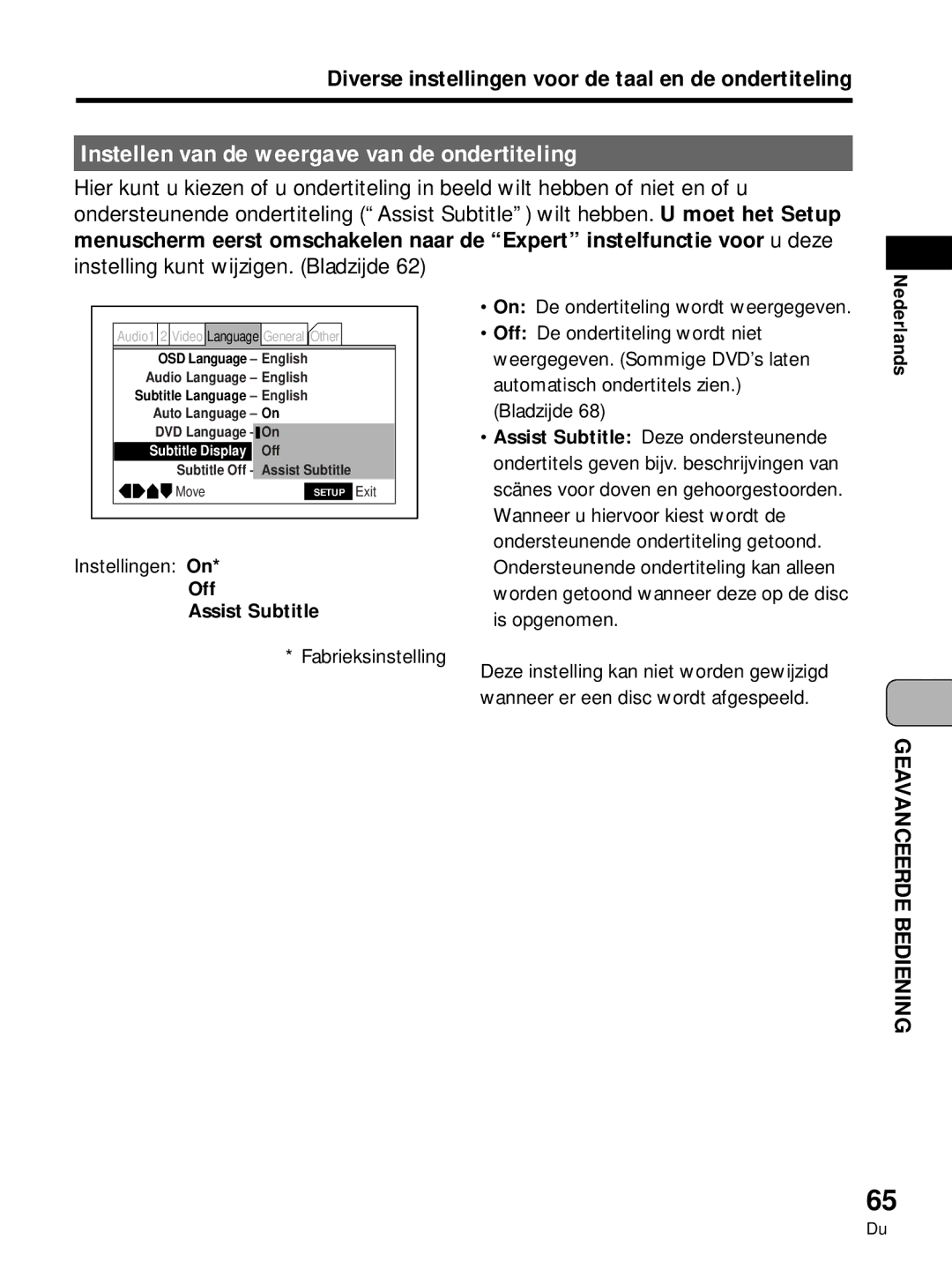 Pioneer PDV-LC10, PDV-10 manual Instellen van de weergave van de ondertiteling, Instellingen On, Off Assist Subtitle 