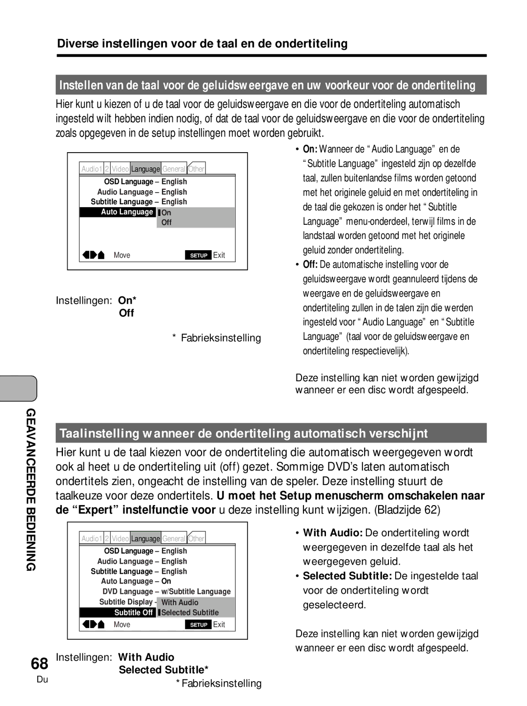 Pioneer PDV-10, PDV-LC10 manual Off, Fabrieksinstelling, Instellingen With Audio, Selected Subtitle 