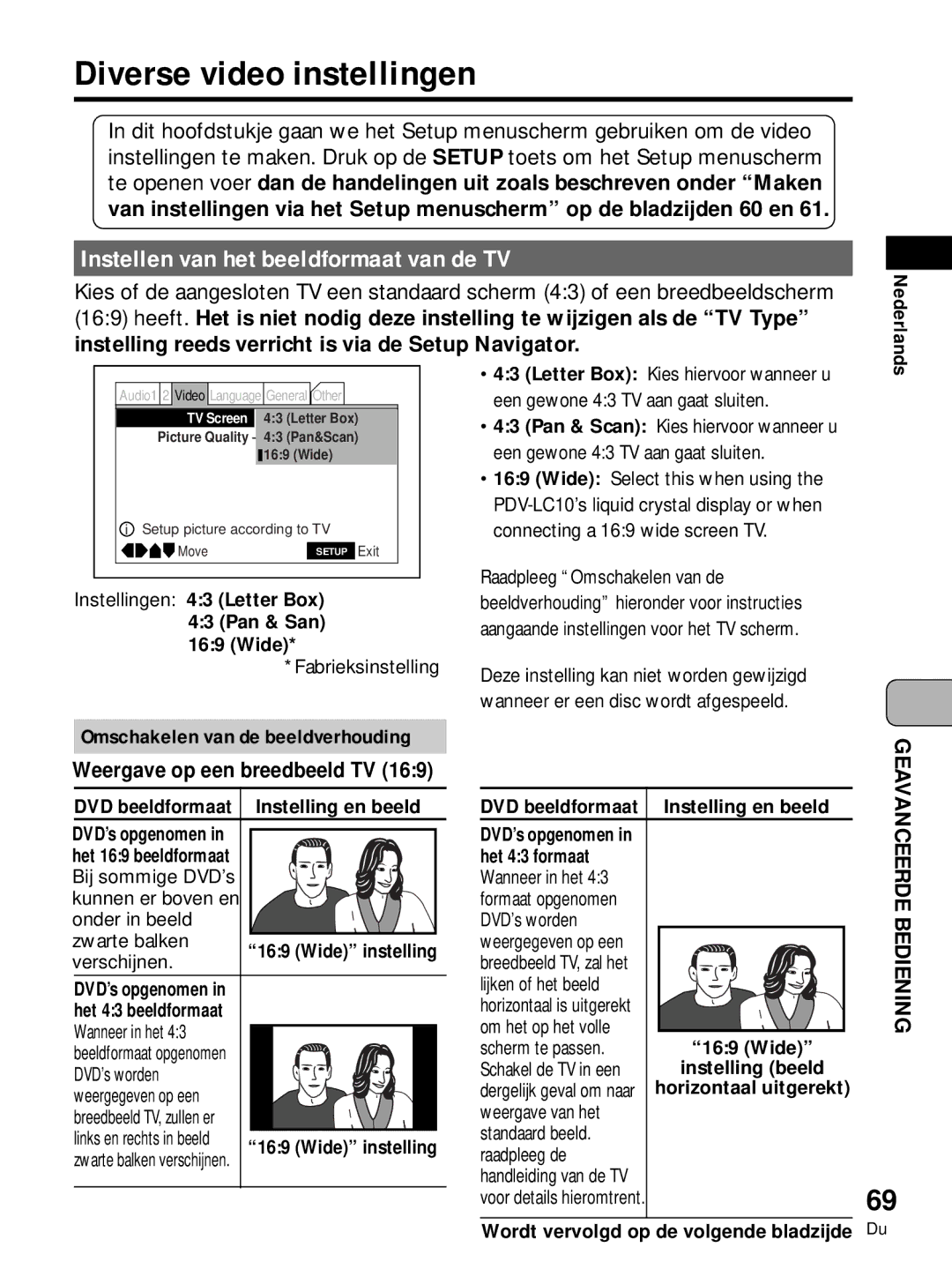 Pioneer PDV-LC10, PDV-10 manual Diverse video instellingen, Instellen van het beeldformaat van de TV 