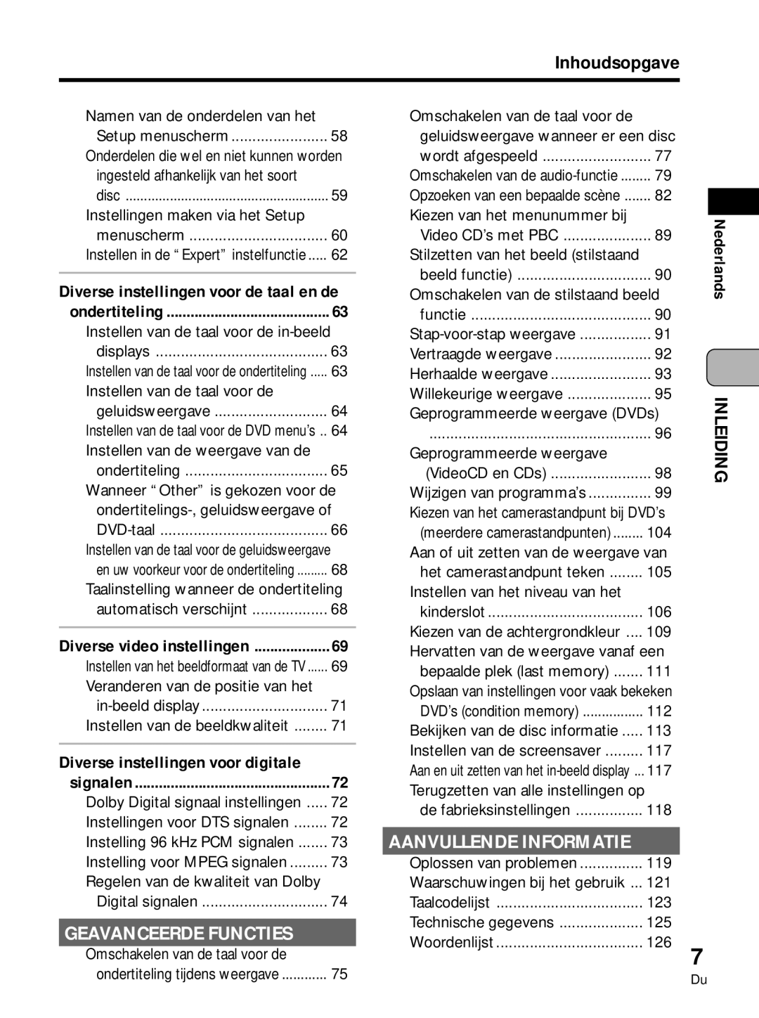 Pioneer PDV-LC10, PDV-10 manual Inhoudsopgave, Diverse instellingen voor digitale 