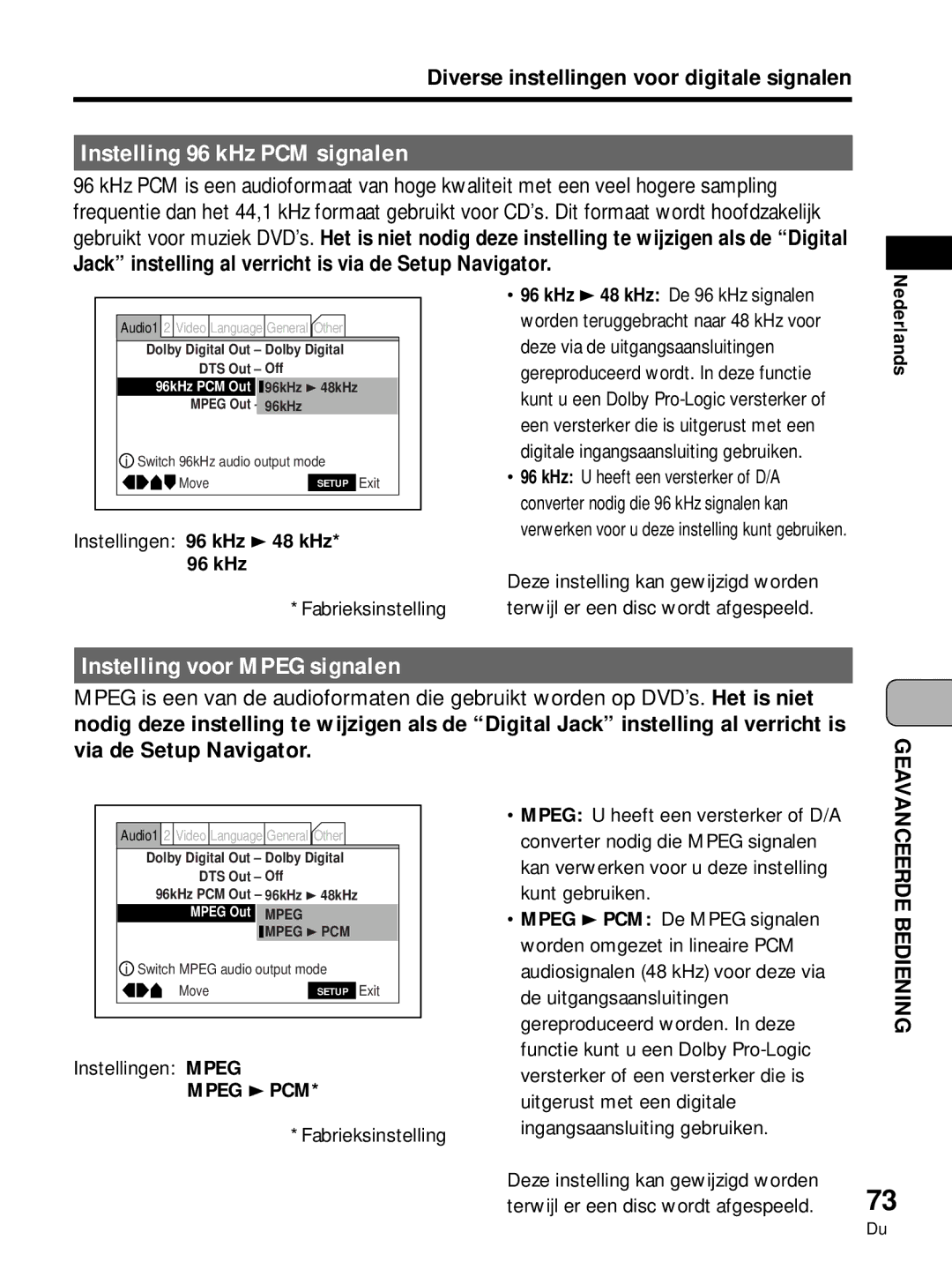 Pioneer PDV-LC10, PDV-10 manual Instelling 96 kHz PCM signalen, Instelling voor Mpeg signalen 