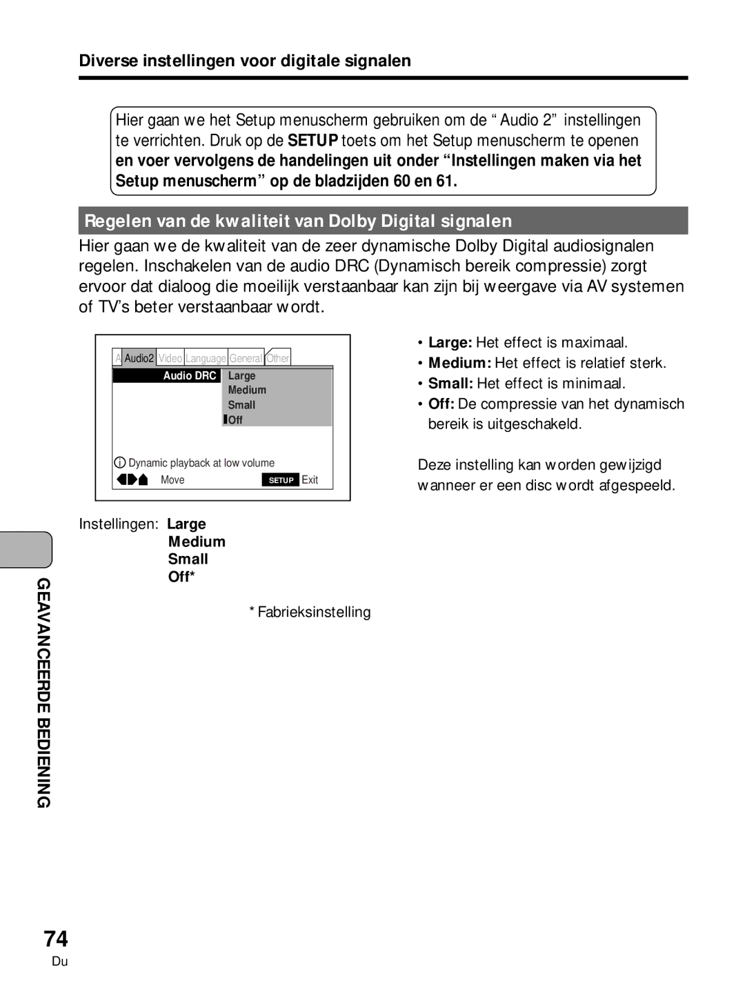 Pioneer PDV-10, PDV-LC10 manual Regelen van de kwaliteit van Dolby Digital signalen, Instellingen Large, Medium Small Off 