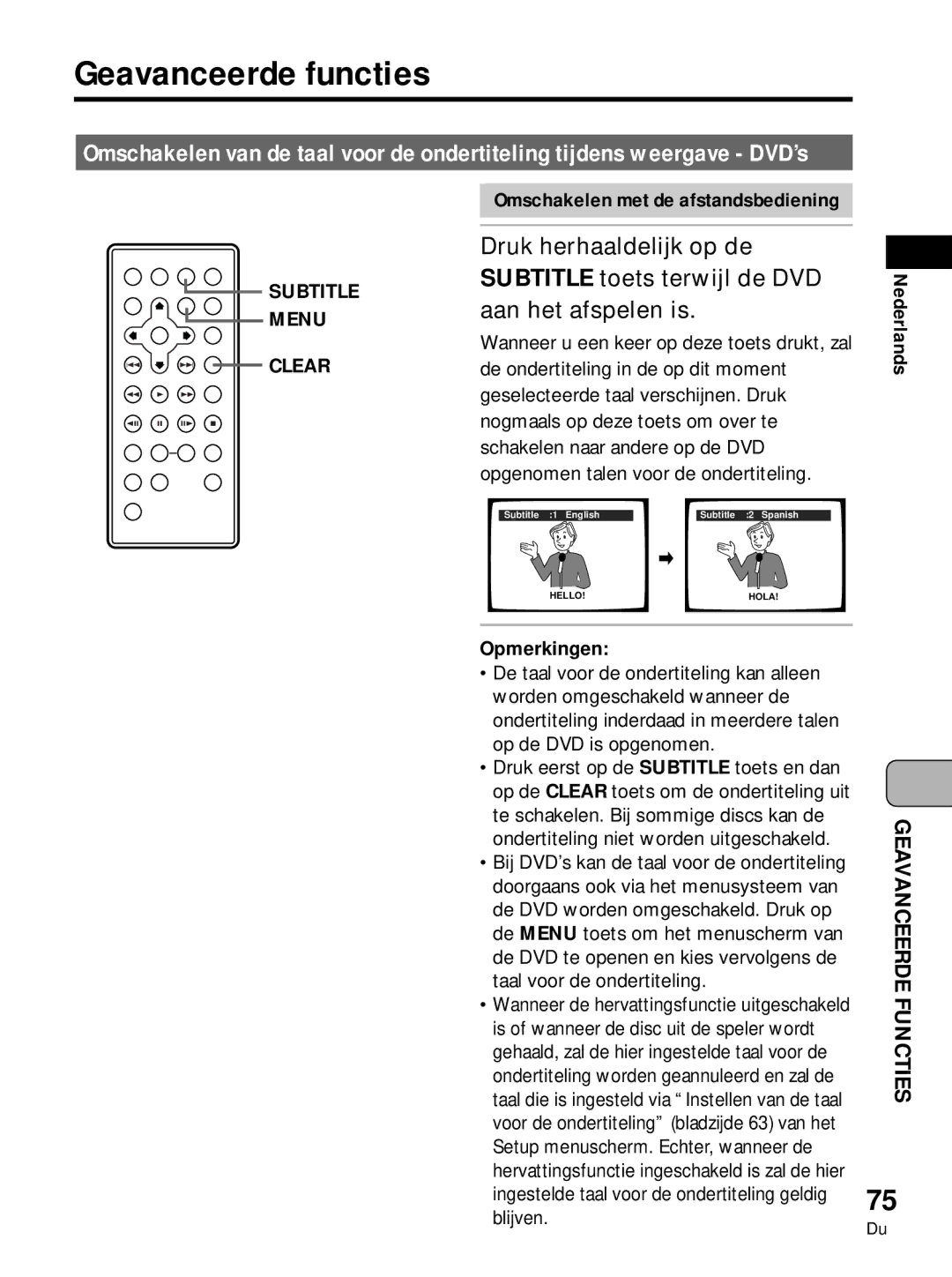 Pioneer PDV-LC10, PDV-10 manual Geavanceerde functies, Omschakelen met de afstandsbediening 