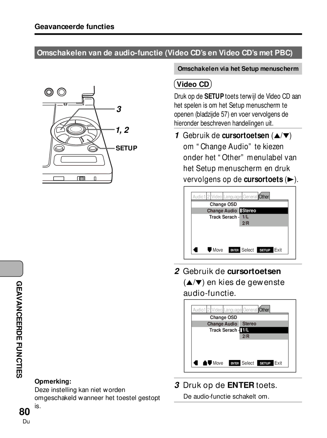 Pioneer PDV-10, PDV-LC10 manual Omschakelen via het Setup menuscherm Video CD, De audio-functie schakelt om 