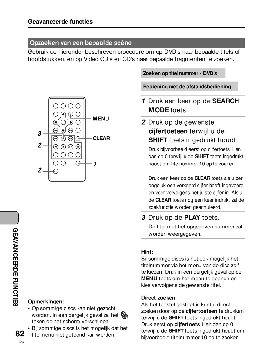 Pioneer PDV-10, PDV-LC10 manual Opzoeken van een bepaalde scène, Druk op de Play toets, Direct zoeken 