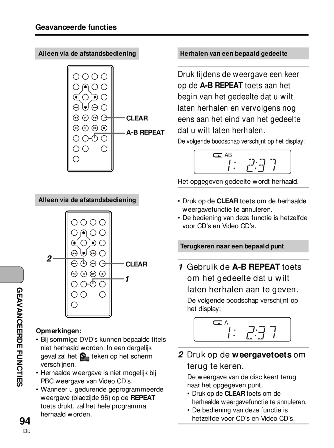 Pioneer PDV-10 manual Druk op de weergavetoets om, Terug te keren, Geavanceerde functies Alleen via de afstandsbediening 