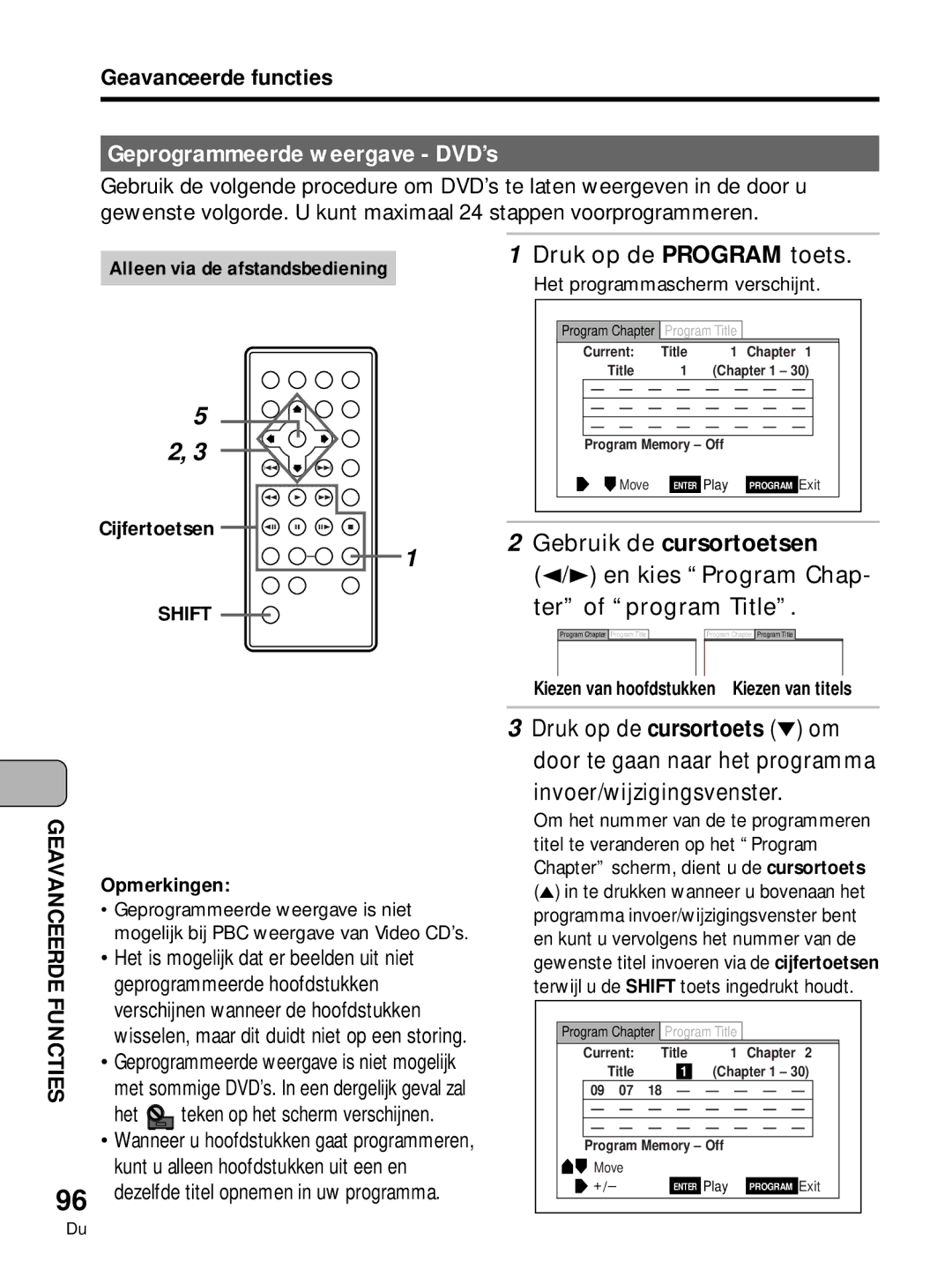 Pioneer PDV-10 manual Geprogrammeerde weergave DVD’s, Druk op de Program toets, En kies Program Chap Ter of program Title 