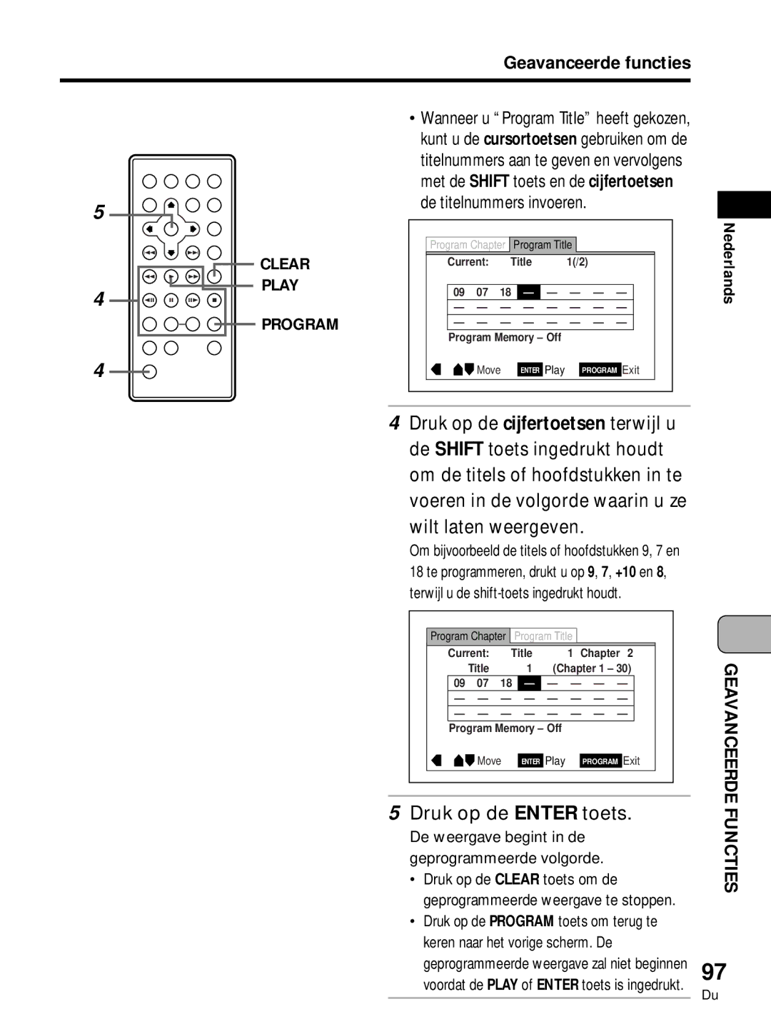 Pioneer PDV-LC10, PDV-10 manual Clear Play Program, De weergave begint in de geprogrammeerde volgorde 