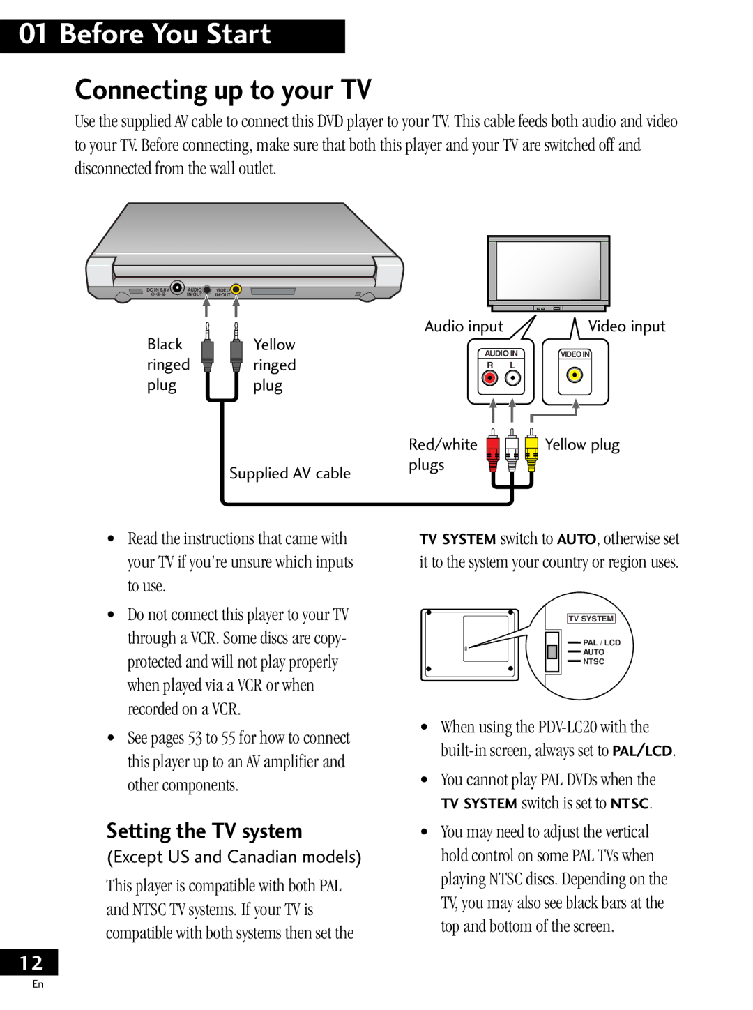 Pioneer PDV-20, PDV-LC20 operating instructions Connecting up to your TV, Setting the TV system 